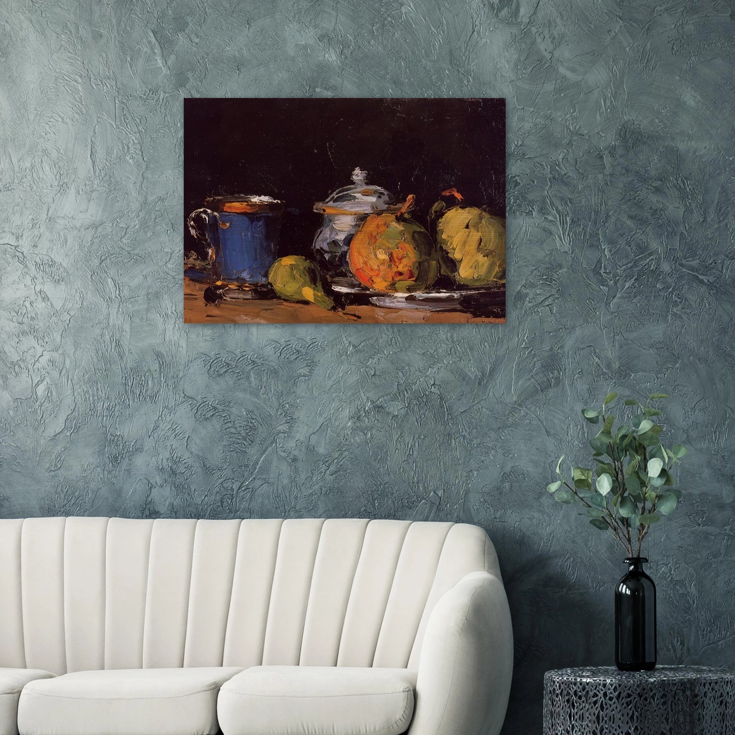 Sugar Bowl, Pears and Blue Cup - Paul Cézanne Brushed Aluminum Print - 70x100 cm / 28x40 inches | Paul Cézanne Aluminum Print | Paul Cézanne Prints