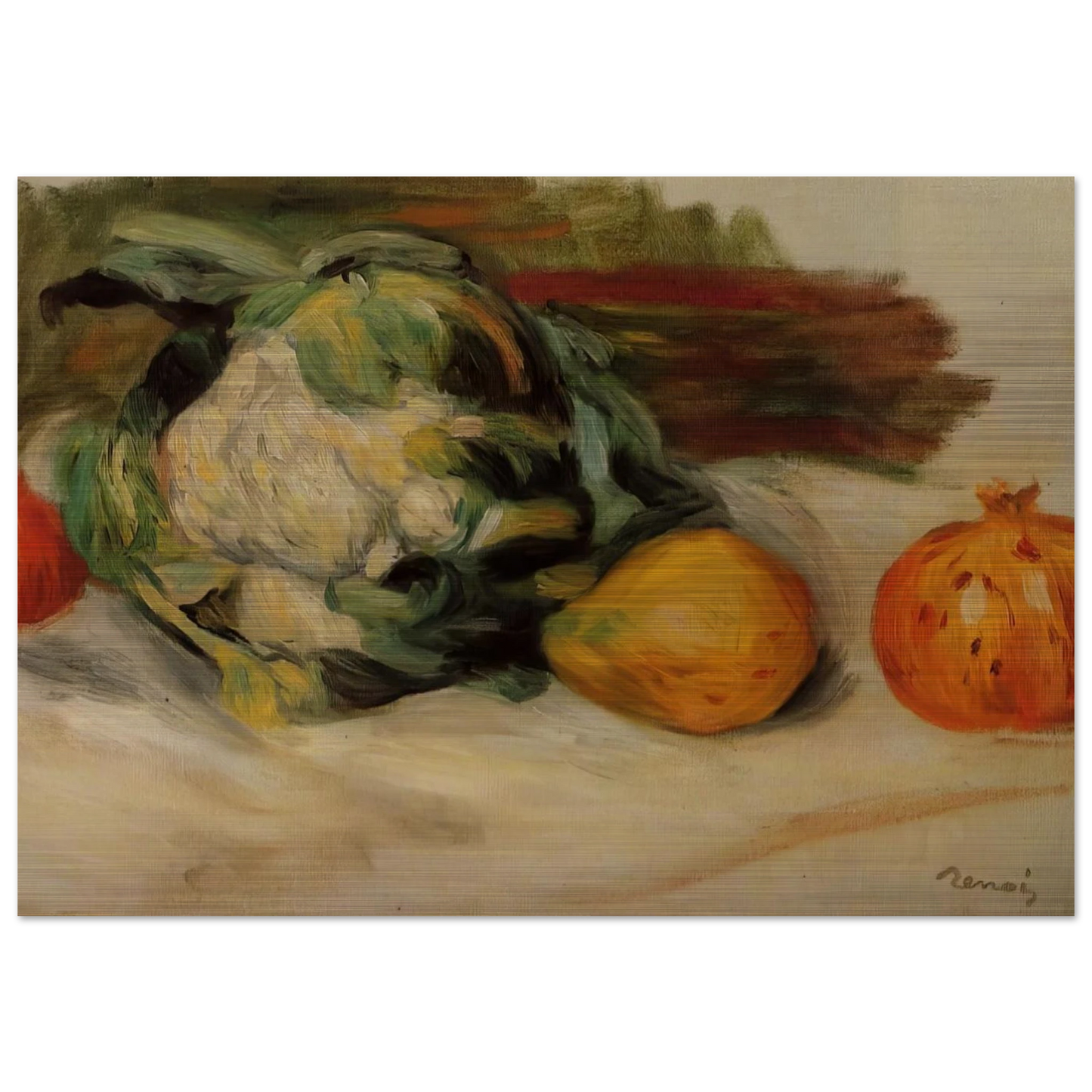 Cauliflower and Pomegranates - Pierre-Auguste Renoir Brushed Aluminum Print - 70x100 cm / 28x40 inches | Pierre-Auguste Renoir Aluminum Print | Pierre-Auguste Renoir Prints