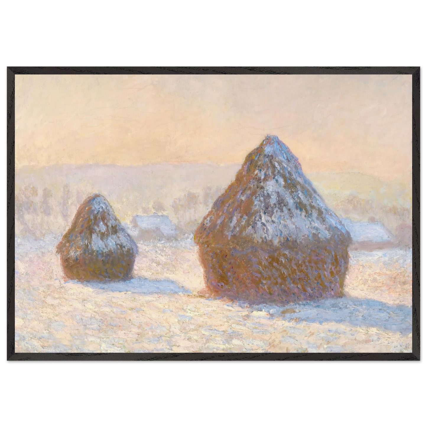 Wheatstacks Snow Effect Morning - claude monet 70x100 cm / 28x40 inches Framed Art Print – Black Wooden Frame