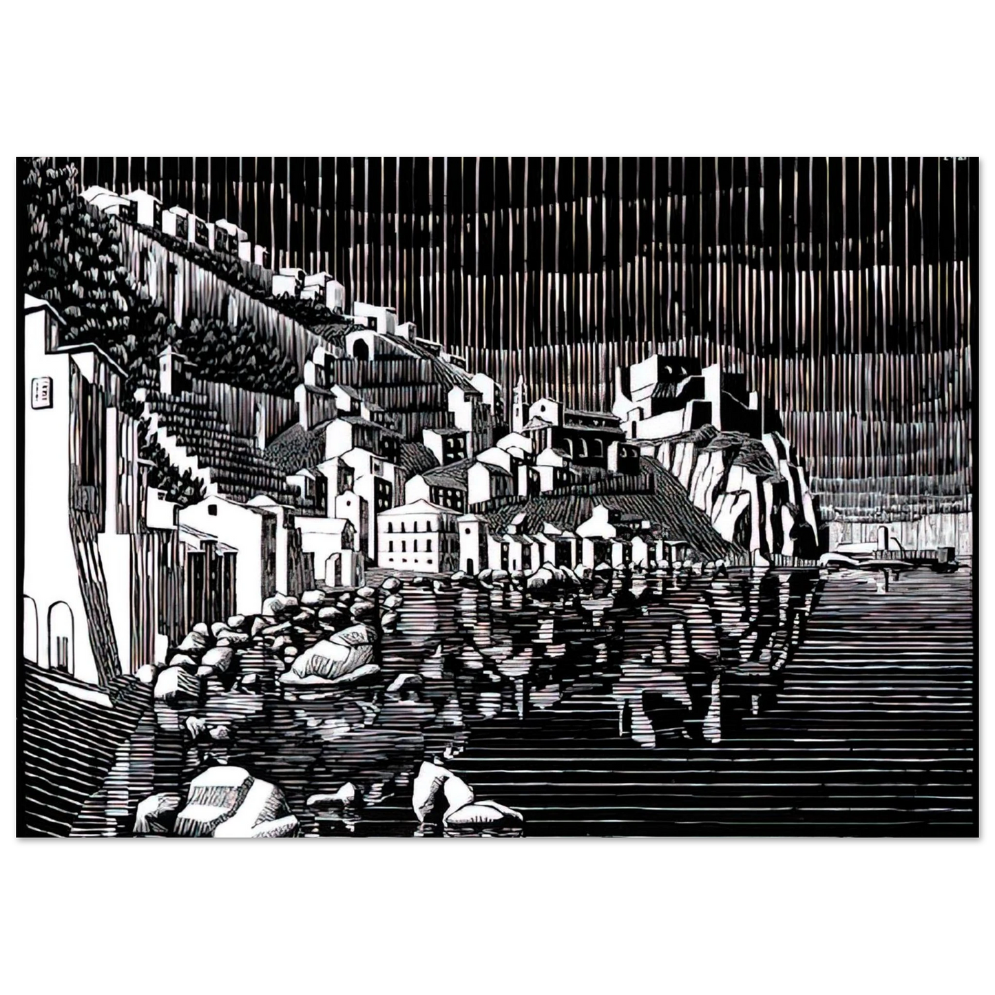 MC Escher - SCILLA CALABRIA FEBRUARY 1931 1931 Wall Art - 60x80 cm / 24x32 inches - Premium Wooden Framed Poster With Fine Art Paper - White frame