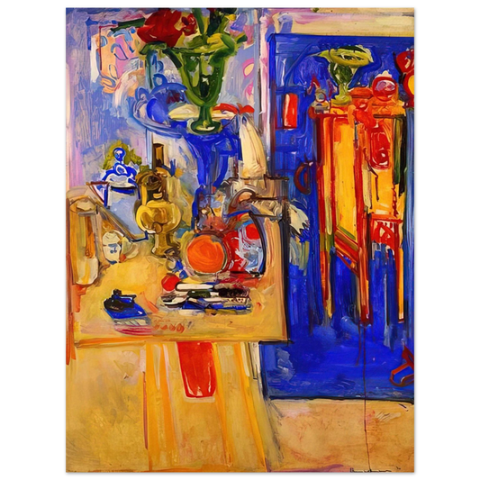 Hans Hofmann - Table with Teakettle, Green Vase and Red Flowers  75x100 cm / 30x40inches Fine Art Poster