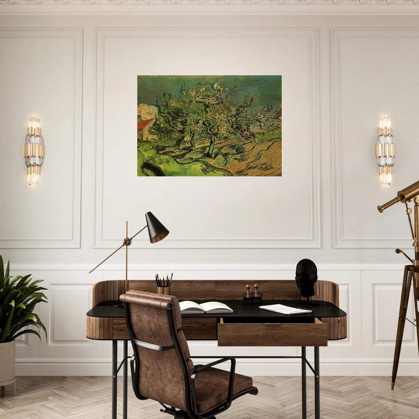 Landscape with Three Trees and a House - Vincent van Gogh Brushed Aluminum Print - 70x100 cm / 28x40 inches | Vincent van Gogh Aluminum Print | Vincent van Gogh Prints