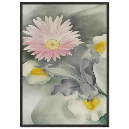 Pink Daisy with Iris - Georgia OKeeffe 70x100 cm / 28x40 inches Framed Art Print – Black Wooden Frame