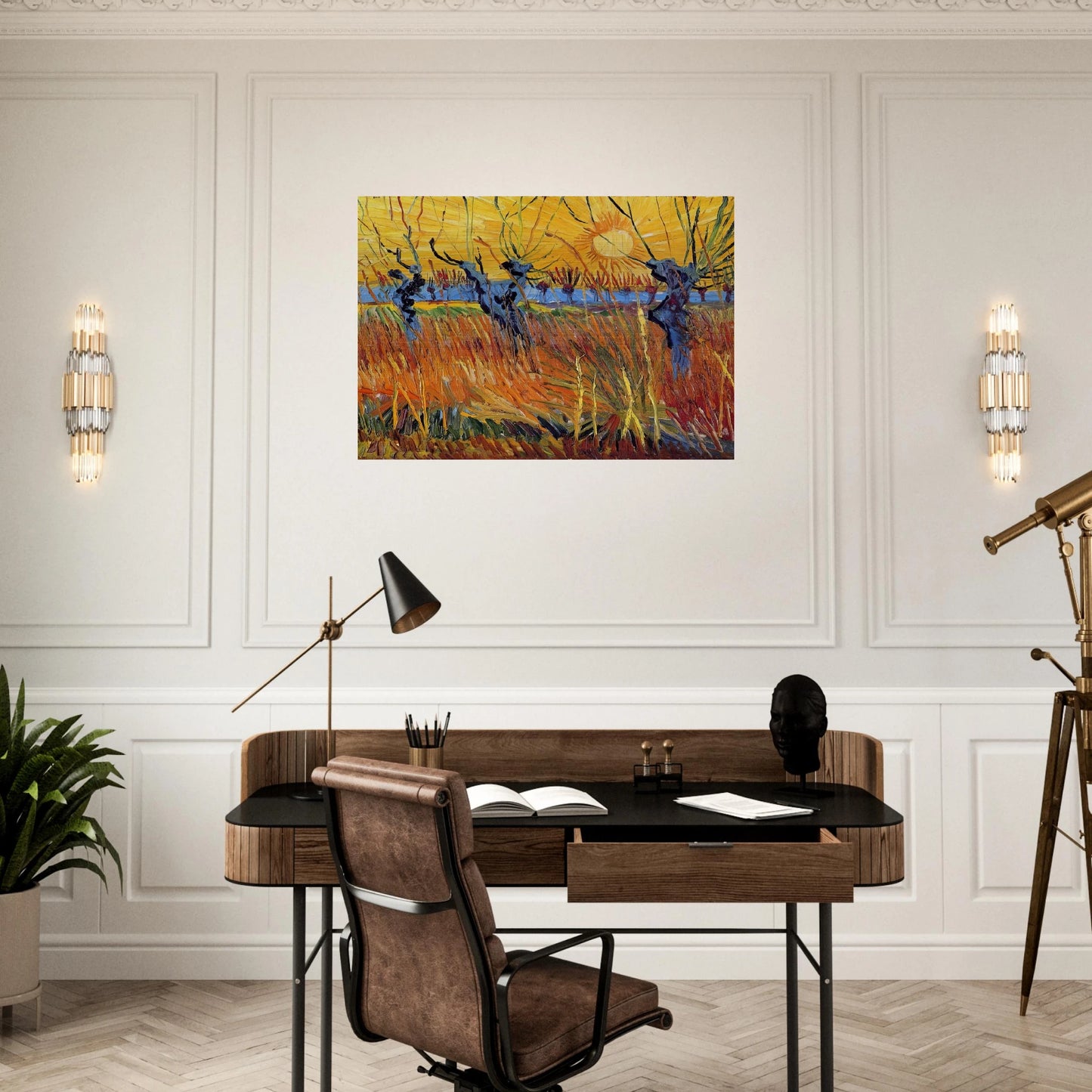 Pollard Willows and Setting Sun - Vincent van Gogh Brushed Aluminum Print - 70x100 cm / 28x40 inches | Vincent van Gogh Aluminum Print | Vincent van Gogh Prints