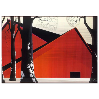 The Great Red Barn - Eyvind Earle Brushed Aluminum Print - 70x100 cm / 28x40 inches | Eyvind Earle Aluminum Print | Eyvind Earle Prints