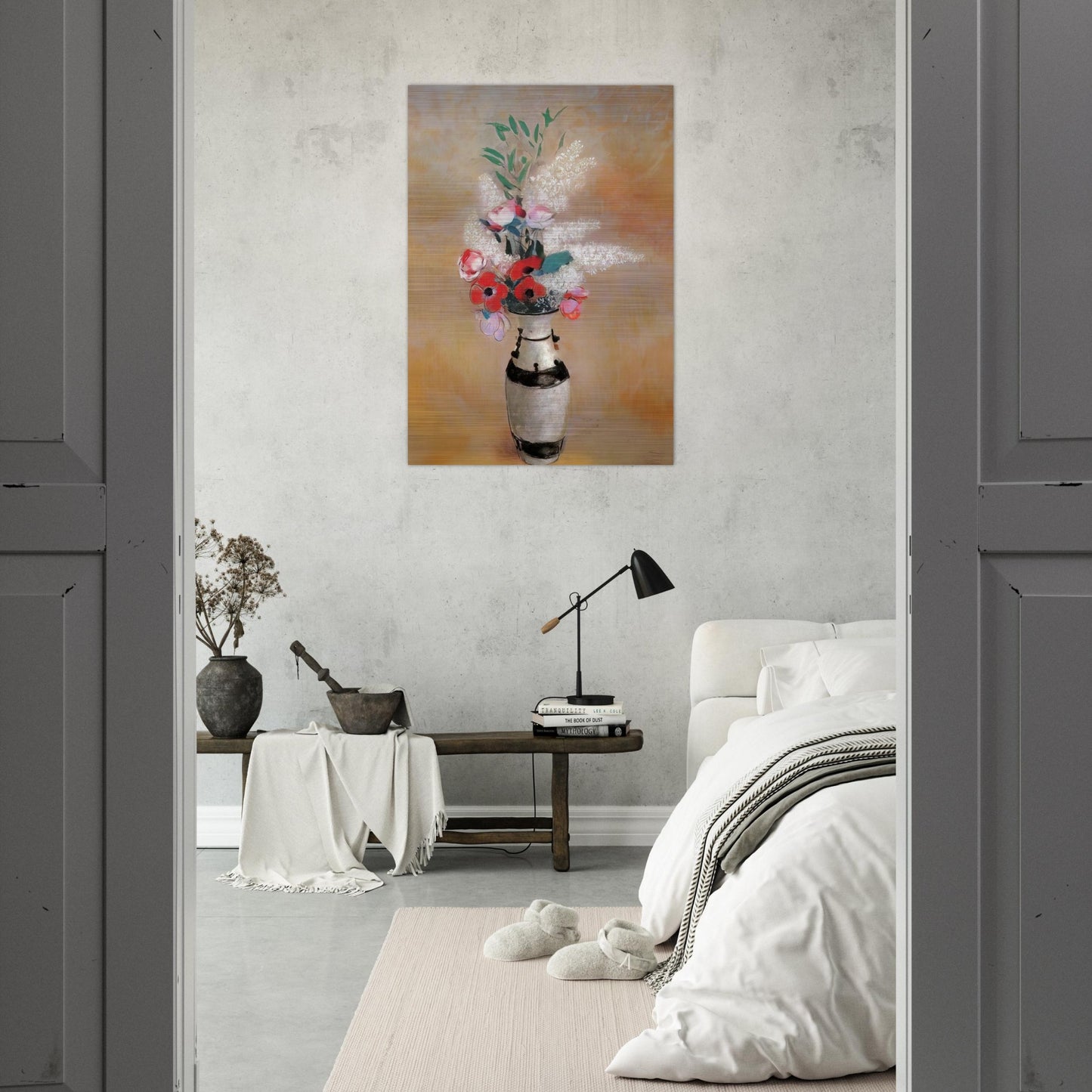 BOUQUET WITH WHITE LILIES IN A JAPANESE VASE - Odilon Redon Brushed Aluminum Print - 70x100 cm / 28x40 inches | Odilon Redon Aluminum Print | Odilon Redon Prints