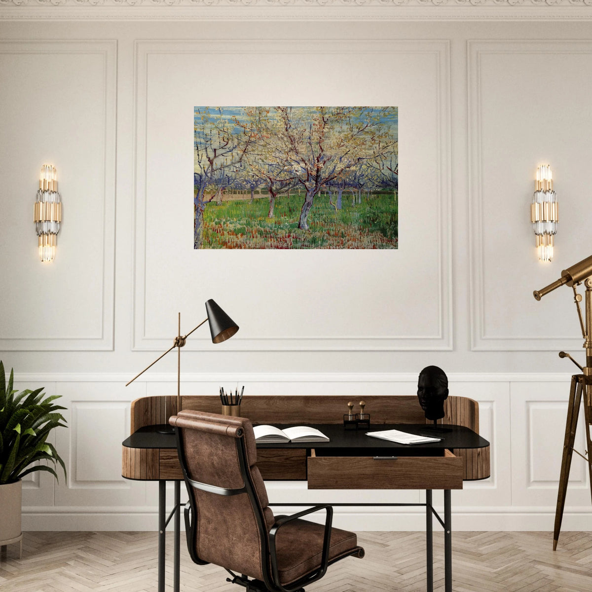 Orchard with Blossoming Apricot Trees - Vincent van Gogh Brushed Aluminum Print - 70x100 cm / 28x40 inches | Vincent van Gogh Aluminum Print | Vincent van Gogh Prints