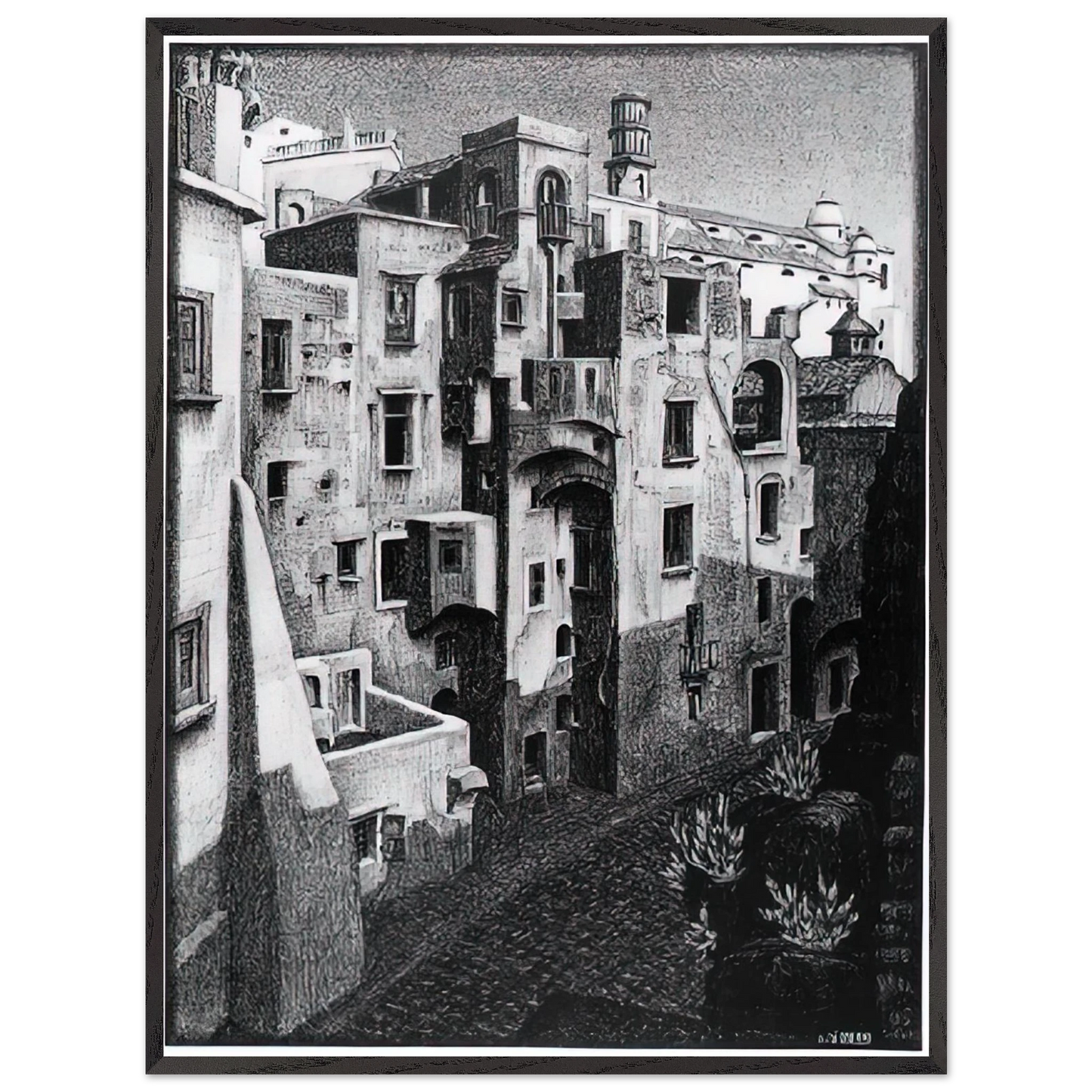 MC Escher - DILAPIDATED HOUSES IN ATRANI 1931 Wall Art - 21x29.7 cm / 8x12" - Premium Wooden Framed Poster With Fine Art Paper-canvas - Wood frame