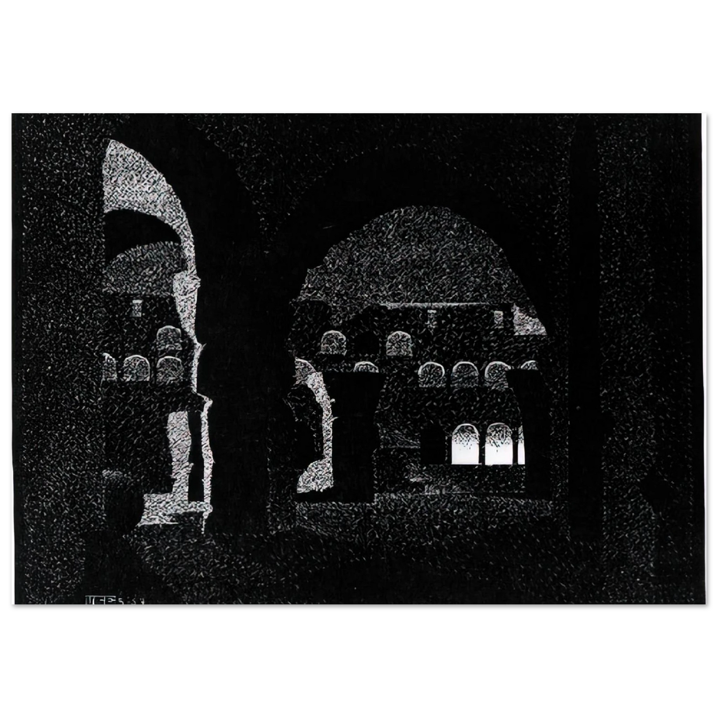 MC Escher - NOCTURNAL ROME COLOSSEUM Wall Art - 21x29.7 cm / 8x12" - Premium Wooden Framed Poster With Fine Art Paper - Black frame