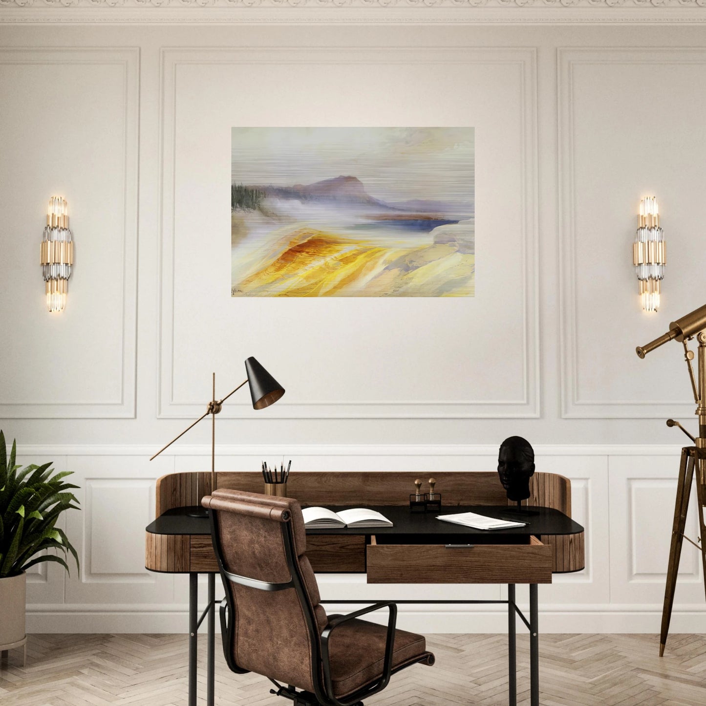 Great Blue Spring of the Lower Geyser Basin - Thomas Moran Brushed Aluminum Print - 70x100 cm / 28x40 inches | Thomas Moran Aluminum Print | Thomas Moran Prints