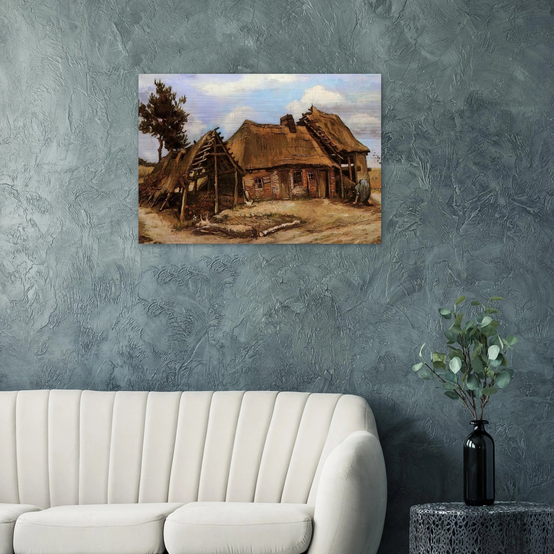 Cottage with Decrepit Barn and Stooping Woman - Vincent van Gogh Brushed Aluminum Print - 70x100 cm / 28x40 inches | Vincent van Gogh Aluminum Print | Vincent van Gogh Prints