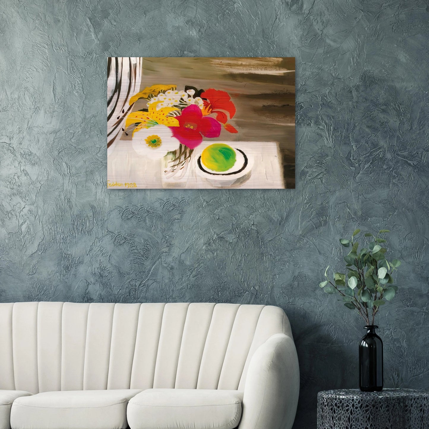 Still Life with Fruit and Flowers - 1988 - Mary Fedden Brushed Aluminum Print - 70x100 cm / 28x40 inches | Mary Fedden Aluminum Print | Mary Fedden Prints