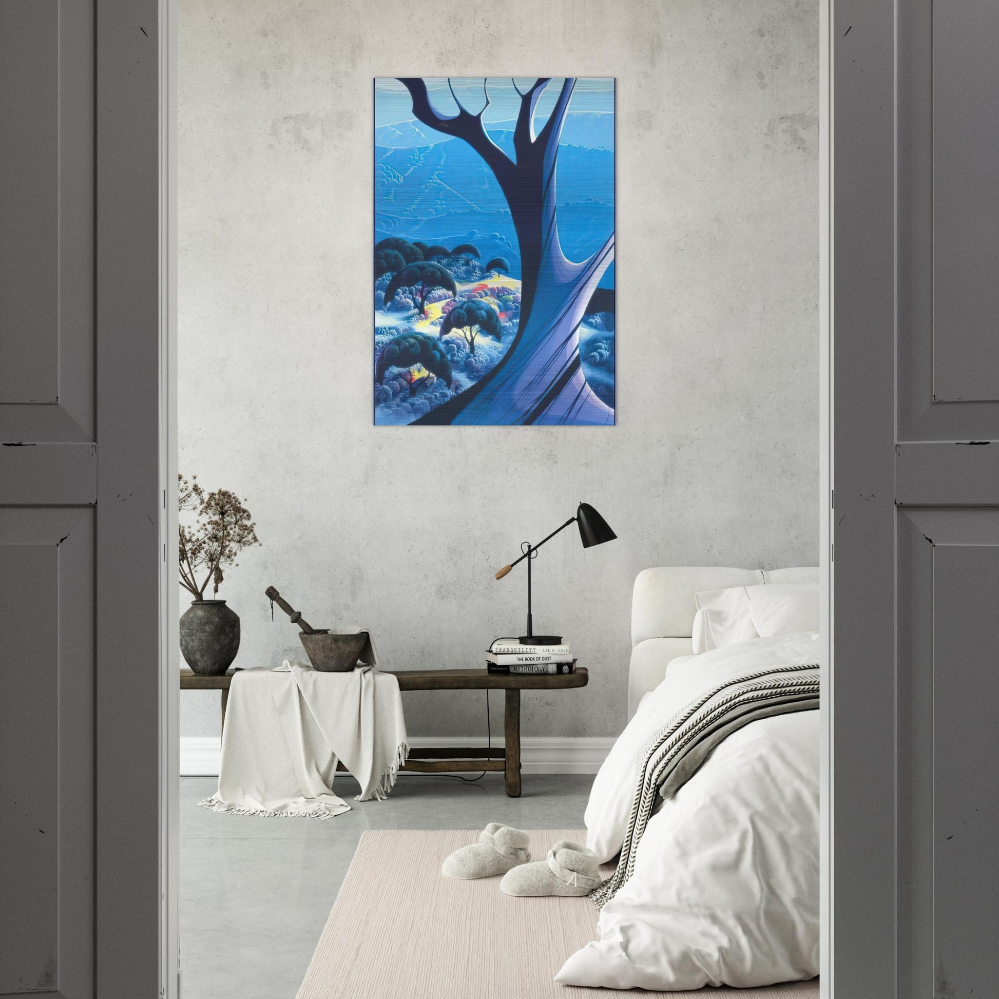 Purple Treeand Mountains - Eyvind Earle Brushed Aluminum Print - 70x100 cm / 28x40 inches | Eyvind Earle Aluminum Print | Eyvind Earle Prints