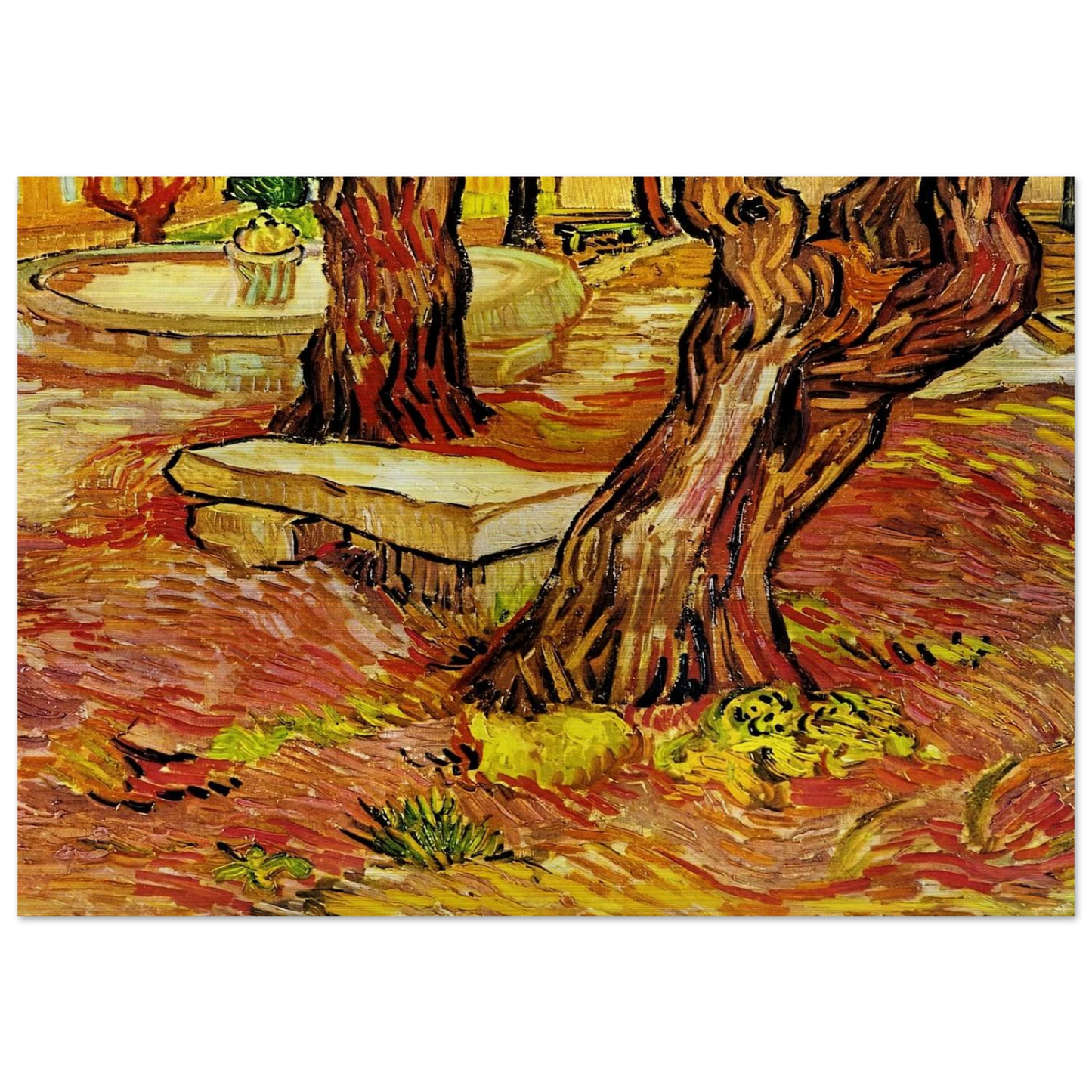 The Stone Bench in the Garden at Saint-Paul Hospital - Vincent van Gogh Brushed Aluminum Print - 70x100 cm / 28x40 inches | Vincent van Gogh Aluminum Print | Vincent van Gogh Prints