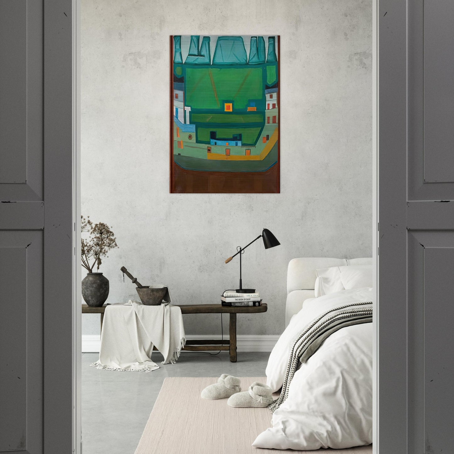 CITY AT THE FOOT OF THE MOUNTAINS LANDSCAPE - Jerzy Nowosielski Brushed Aluminum Print - 70x100 cm / 28x40 inches | Jerzy Nowosielski Aluminum Print | Jerzy Nowosielski Prints