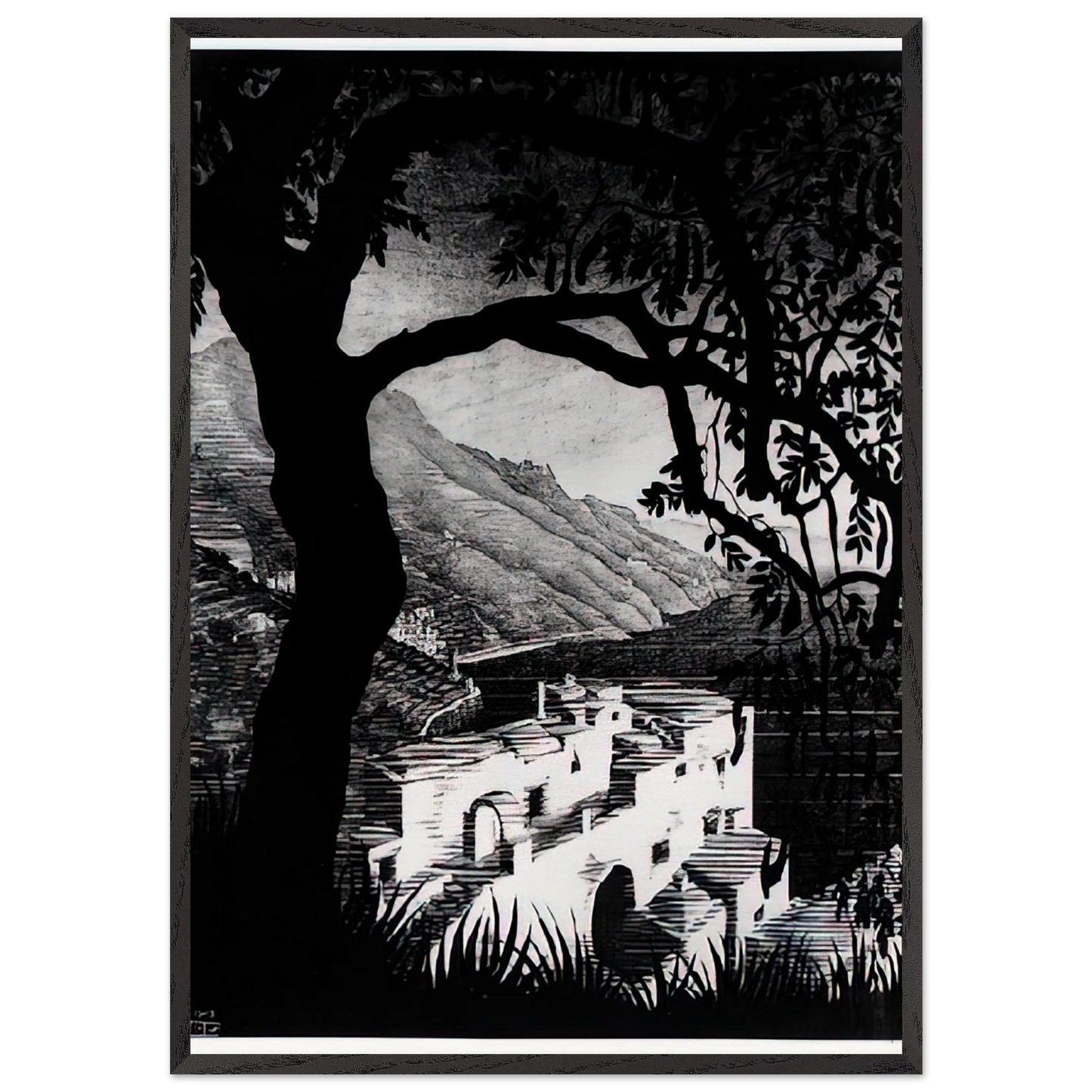COAST OF AMALFI - MC Escher 70x100 cm / 28x40 inches Framed Art Print – Black Wooden Frame | Maurits Cornelis Escher Prints