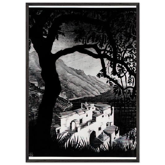 COAST OF AMALFI - MC Escher 70x100 cm / 28x40 inches Framed Art Print – Black Wooden Frame | Maurits Cornelis Escher Prints