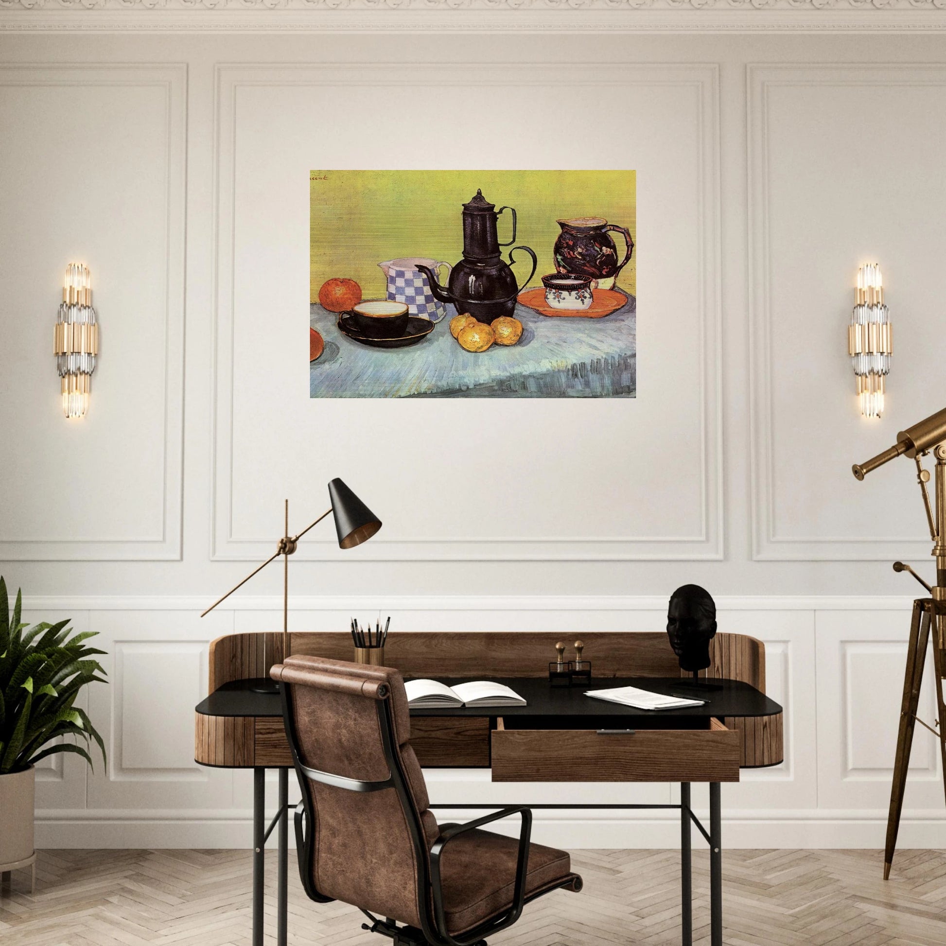 Still Life with Blue Enamel Coffeepot, Earthenware and Fruit - Vincent van Gogh Brushed Aluminum Print - 70x100 cm / 28x40 inches | Vincent van Gogh Aluminum Print | Vincent van Gogh Prints