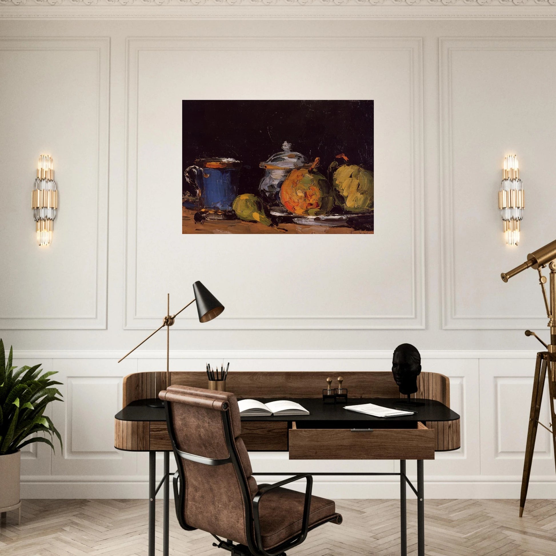 Sugar Bowl, Pears and Blue Cup - Paul Cézanne Brushed Aluminum Print - 70x100 cm / 28x40 inches | Paul Cézanne Aluminum Print | Paul Cézanne Prints