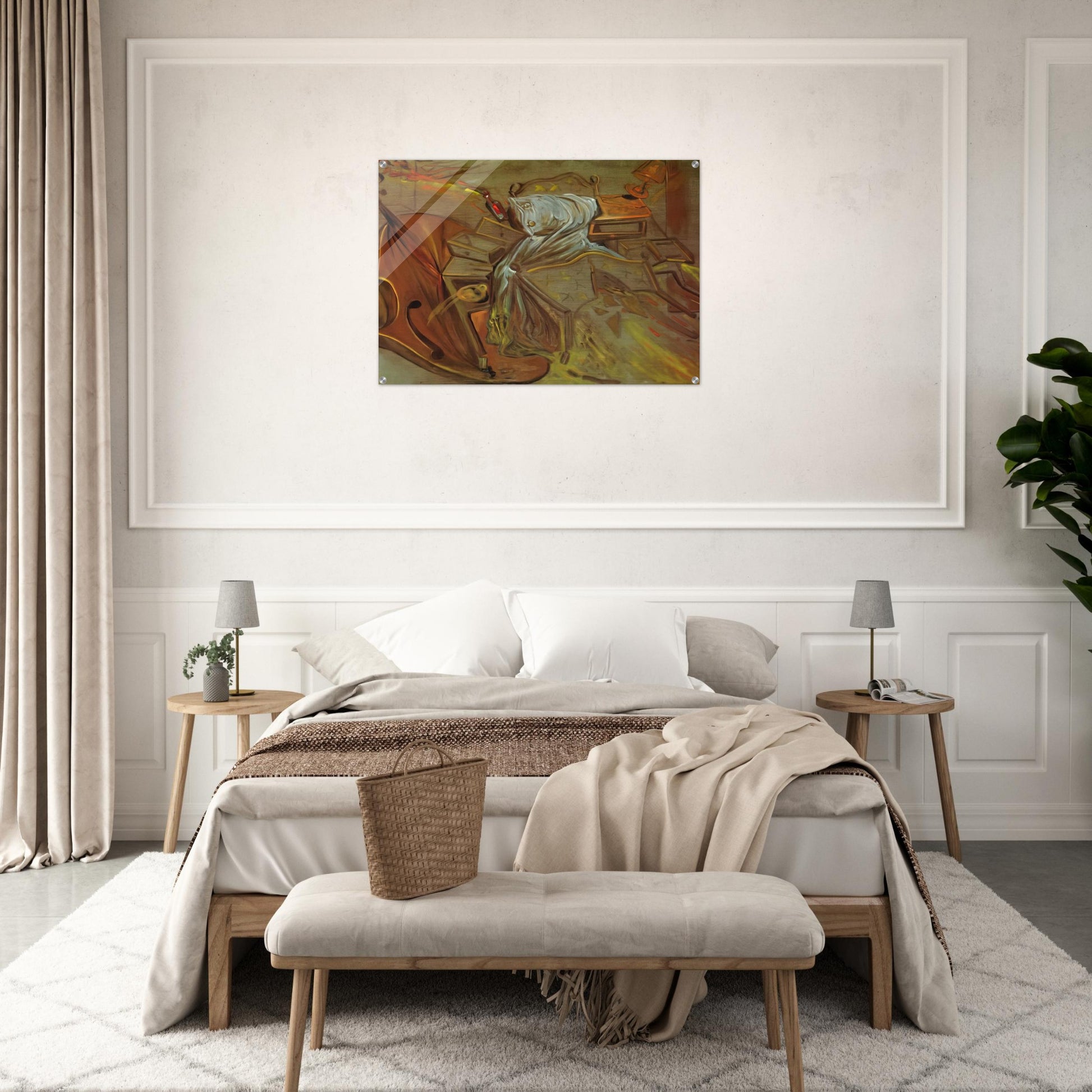 BED AND TWO BEDSIDE TABLES FEROCIOUSLY ATTACKING A CELLO - Salvador Dali Acrylic Print - 70x100 cm / 28x40″ inches