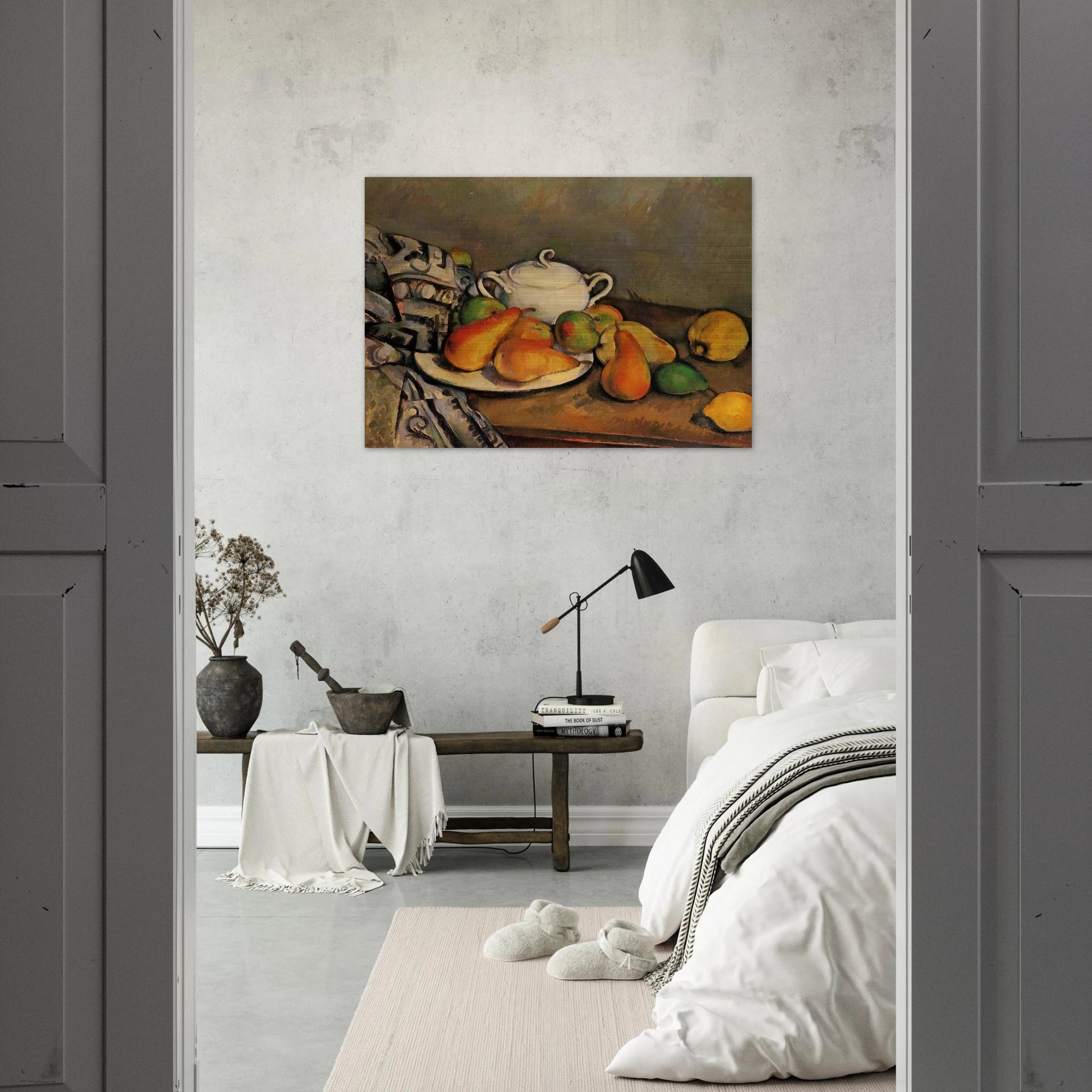 Sugarbowl, Pears and Tablecloth - Paul Cézanne Brushed Aluminum Print - 70x100 cm / 28x40 inches | Paul Cézanne Aluminum Print | Paul Cézanne Prints