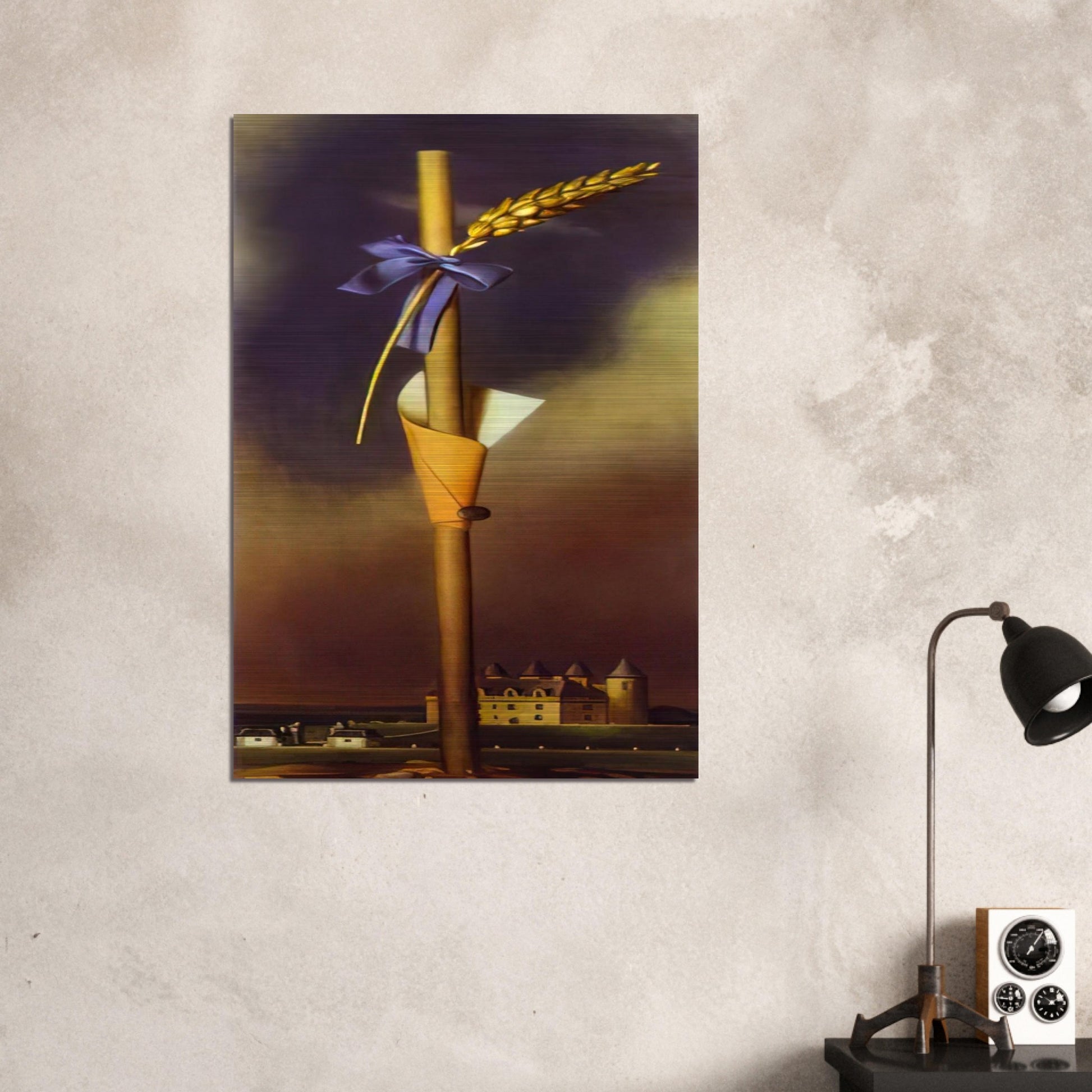 BLUE KNOT AND EAR OF WHEAT NEXT TO THE CASTLE - Salvador Dali Brushed Aluminum Print - 70x100 cm / 28x40 inches | Salvador Dali Aluminum Print | Salvador Dali Prints