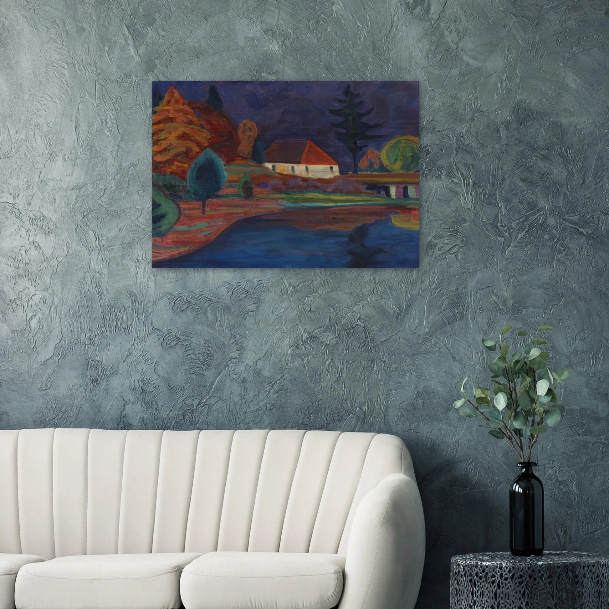 LANDSCHAFT MIT HAUS IN OBERAU 1908 - Gabriele Munter Brushed Aluminum Print - 70x100 cm / 28x40 inches | Gabriele Munter Aluminum Print | Gabriele Munter Prints