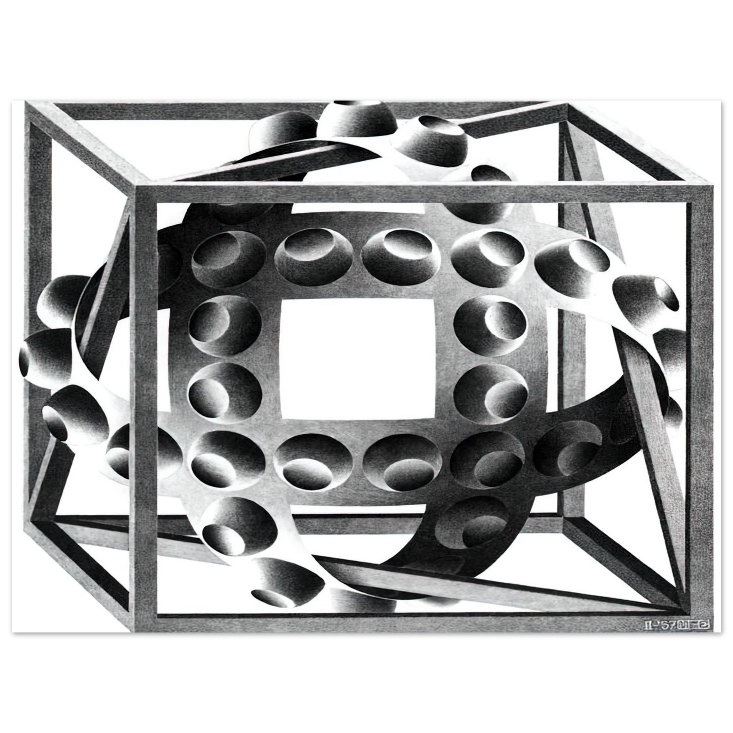 MC Escher - CUBE WITH MAGIC RIBBONS Wall Art - 30x40 cm / 12x16 inches - Premium Wooden Framed Poster With Fine Art Paper-canvas - White frame