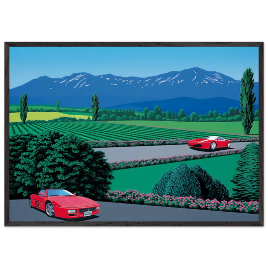 Ferraris traversing the lands - Hiroshi Nagai 70x100 cm / 28x40 inches Framed Art Print – Black Wooden Frame