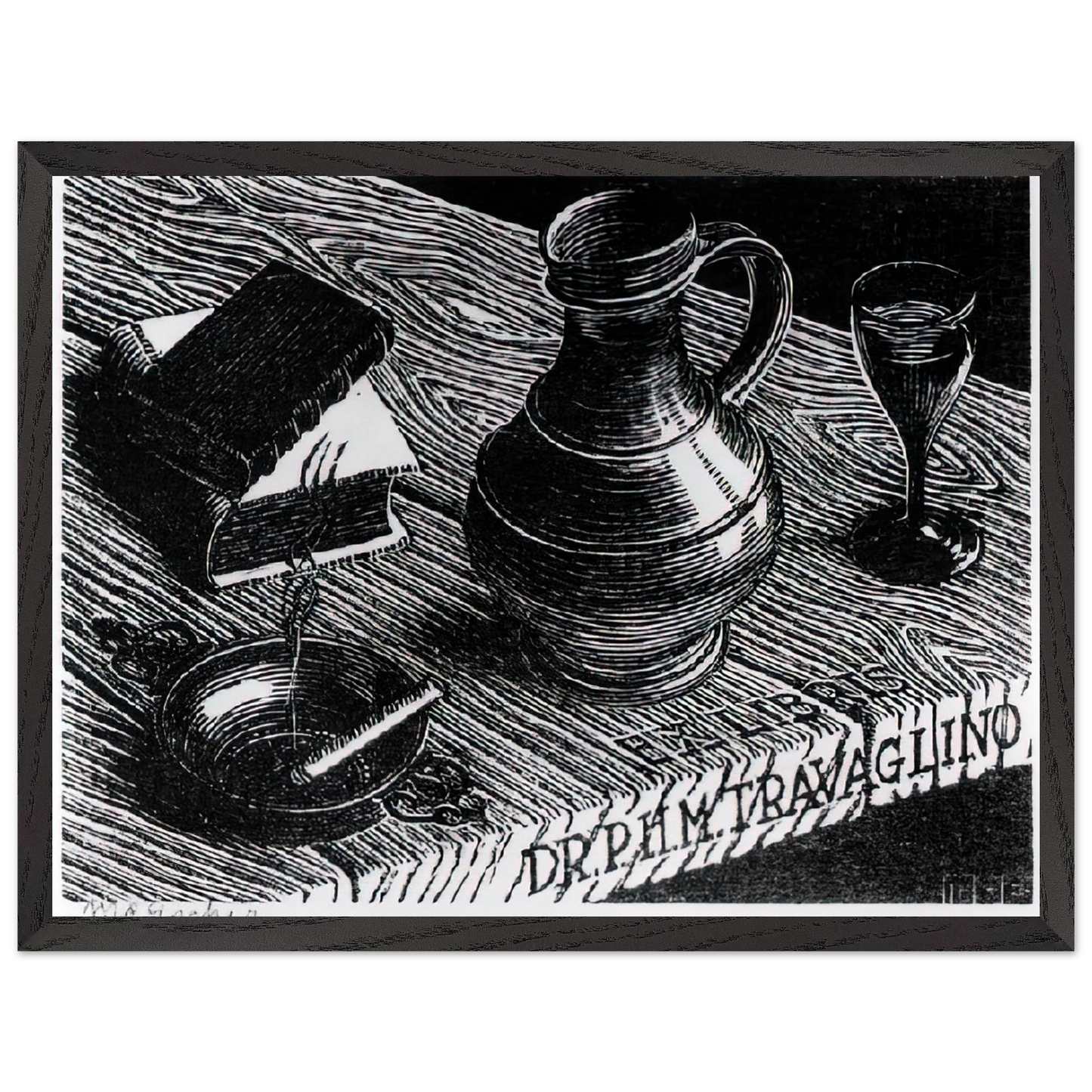 MC Escher - BOOKPLATE DR P H M TRAVAGLINO Wall Art - 21x29.7 cm / 8x12" - Premium Wooden Framed Poster With Fine Art Paper-canvas - Wood frame