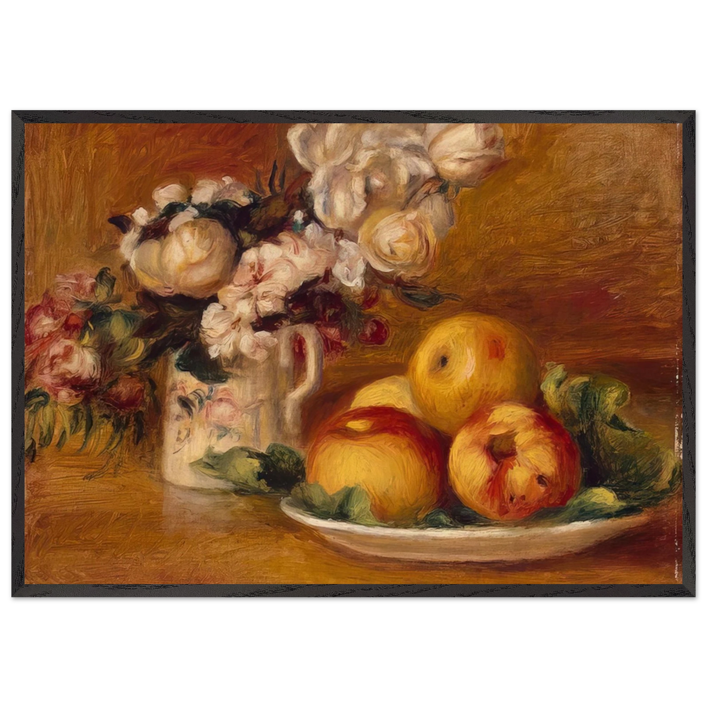 Apples and Flowers - Pierre-Auguste Renoir 70x100 cm / 28x40 inches Framed Art Print – Black Wooden Frame