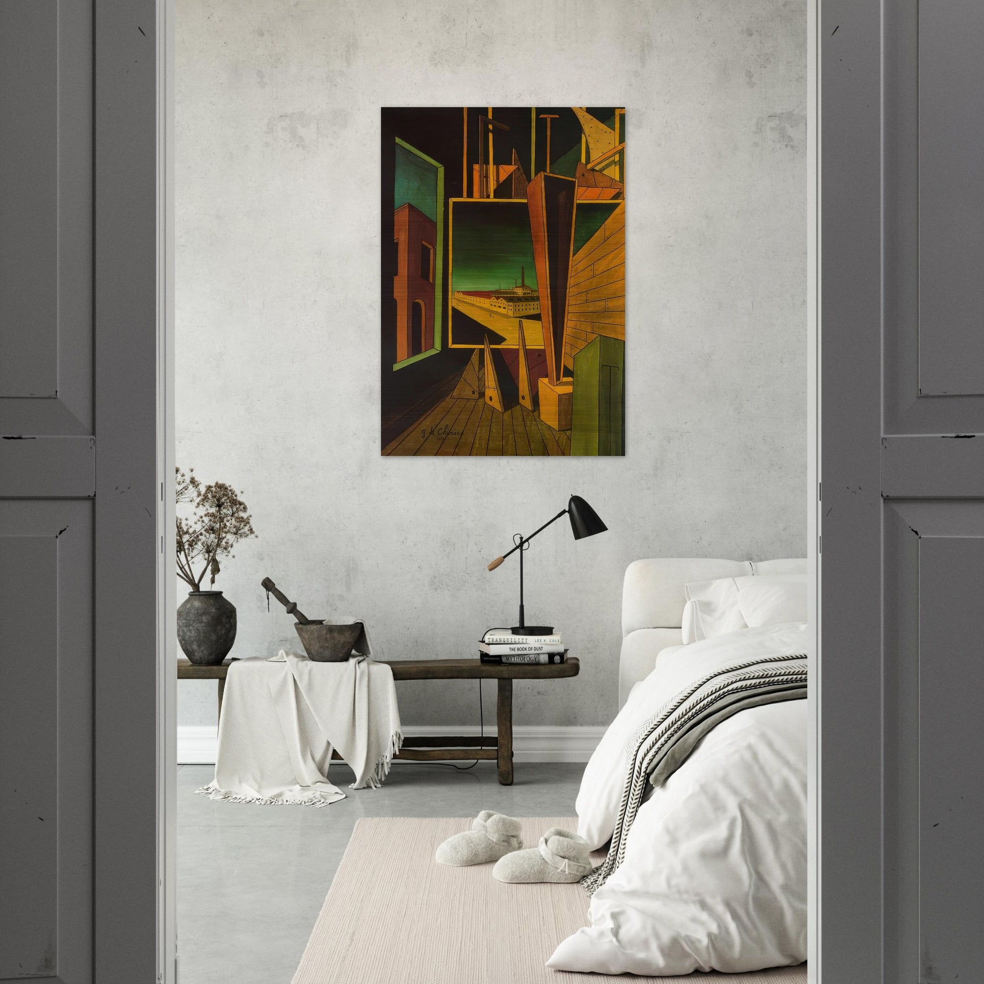 GEOMETRIC COMPOSITION WITH FACTORY LANDSCAPE 1917 - Giorgio de Chirico Brushed Aluminum Print - 70x100 cm / 28x40 inches | Giorgio de Chirico Aluminum Print | Giorgio de Chirico Prints