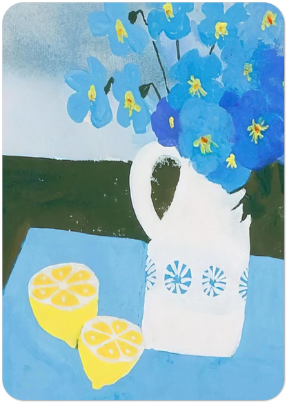 Flowers in a vase with lemon - 1987 By Mary Fedden Pack of 10 Post Cards | Mary Fedden Post Cards | A6 (10.5 x 14.8 cm) - 4.1 x 5.8 inches