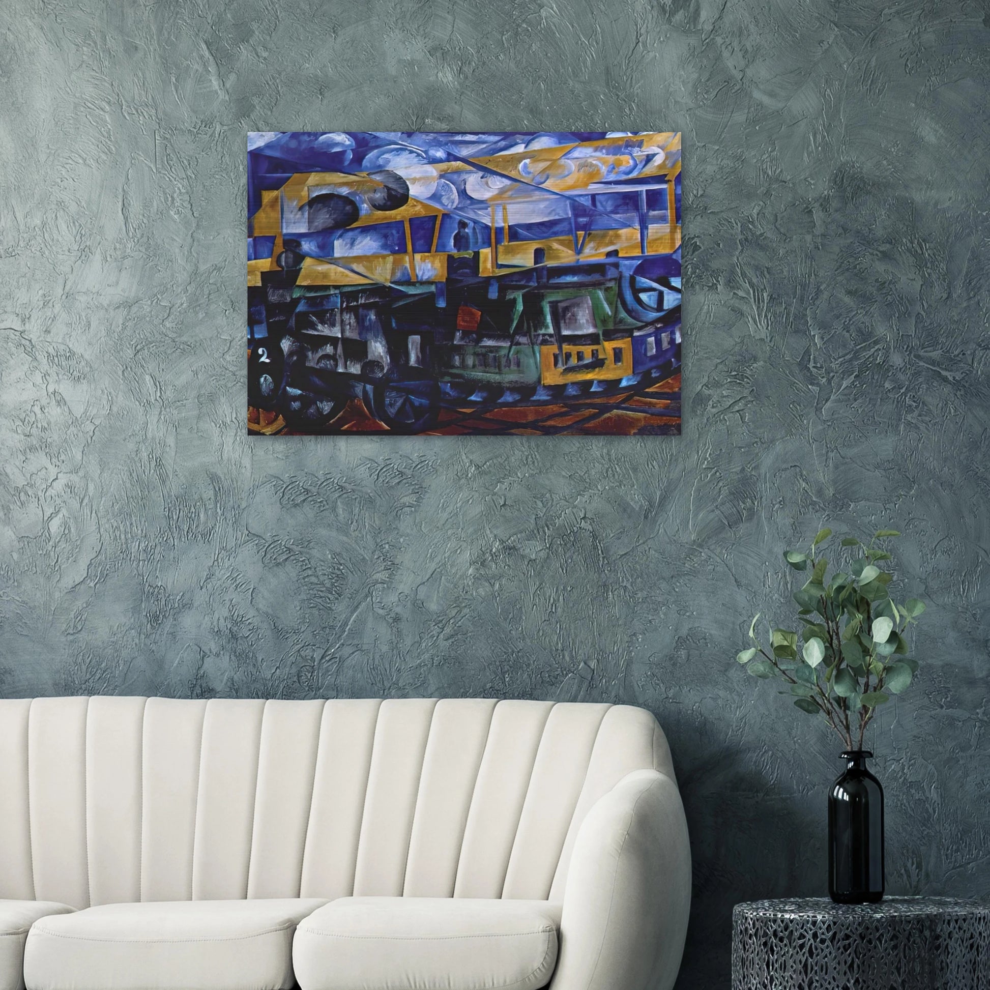 Airplane over train - 1913 - Natalia Goncharova Brushed Aluminum Print - 70x100 cm / 28x40 inches | Natalia Goncharova Aluminum Print | Natalia Goncharova Prints