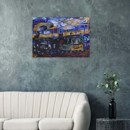 Airplane over train - 1913 - Natalia Goncharova Brushed Aluminum Print - 70x100 cm / 28x40 inches | Natalia Goncharova Aluminum Print | Natalia Goncharova Prints