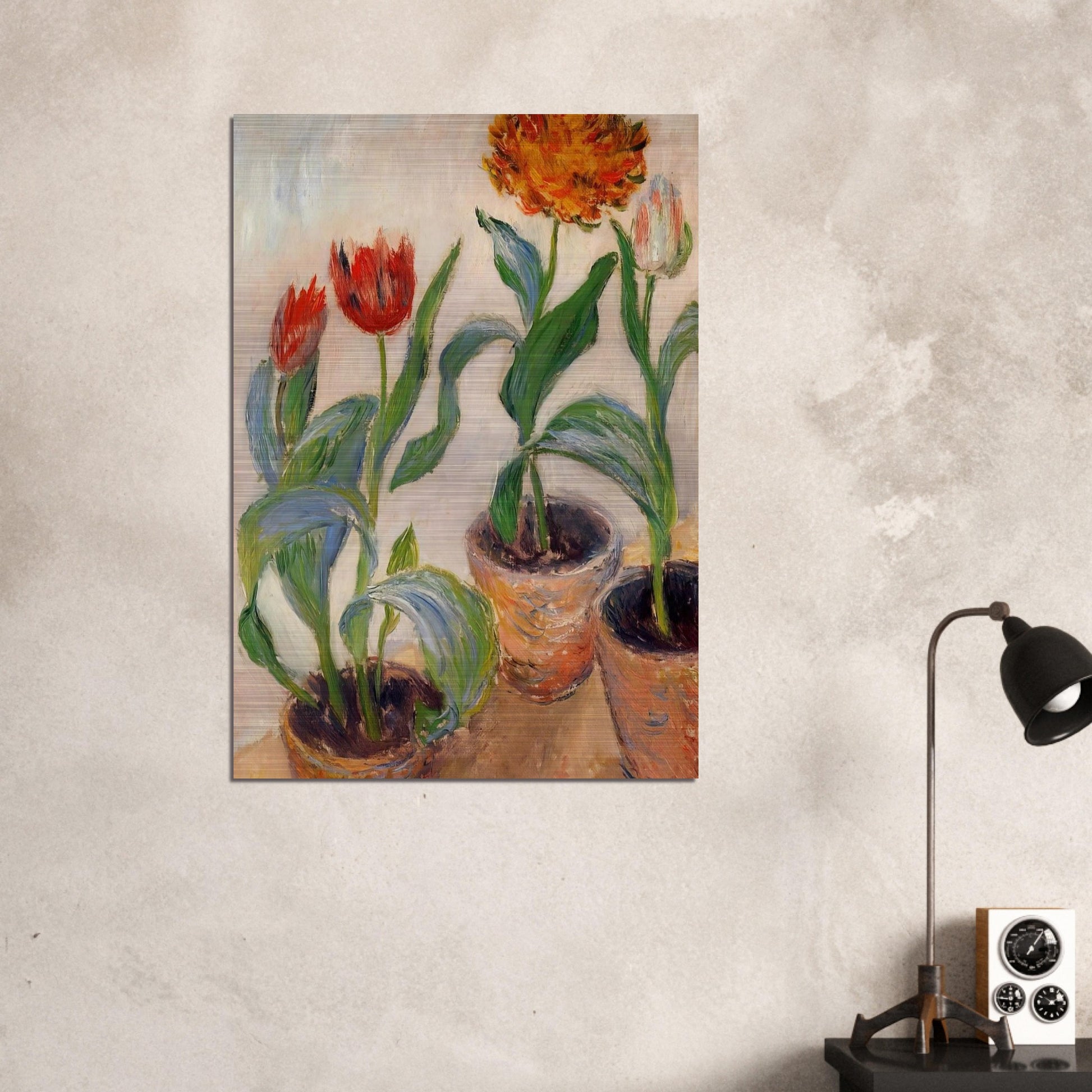 Three Pots of Tulips - claude monet Brushed Aluminum Print - 70x100 cm / 28x40 inches | claude monet Aluminum Print | claude monet Prints