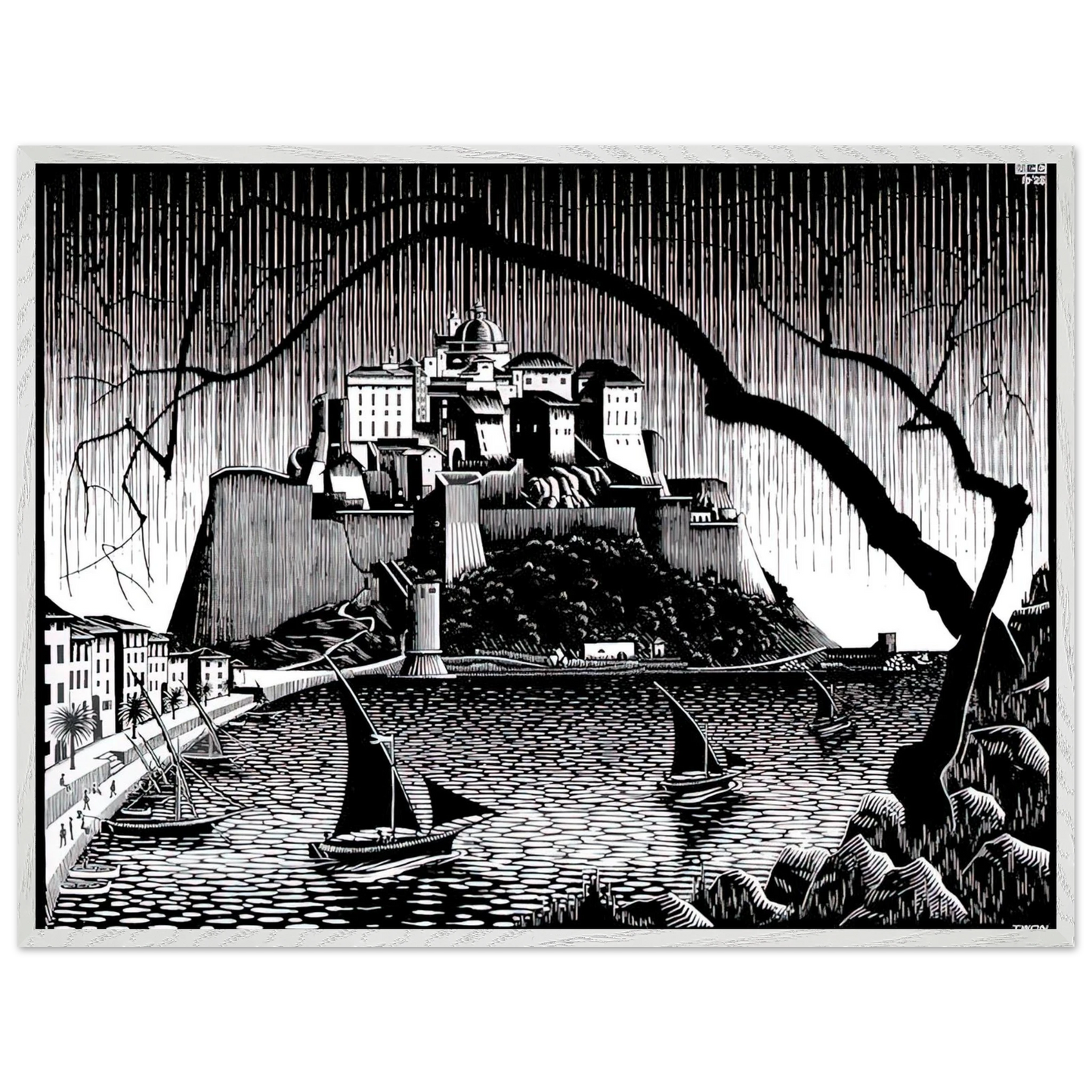 MC Escher - CITADEL OF CALVI CORSICA Wall Art - 30x40 cm / 12x16 inches - Premium Wooden Framed Poster With Fine Art Paper - White frame