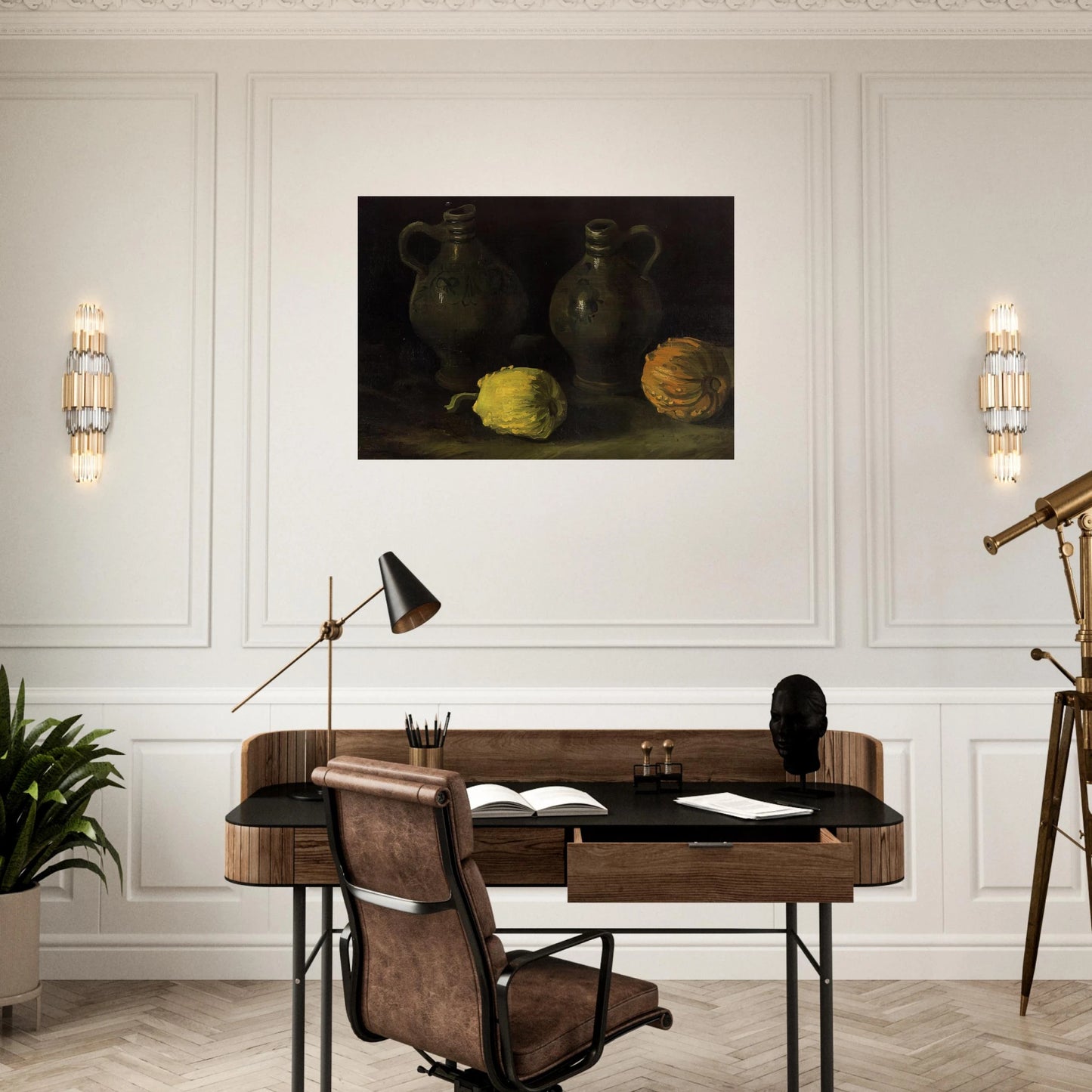 Still Life with Two Jars and Two Pumpkins - Vincent van Gogh Brushed Aluminum Print - 70x100 cm / 28x40 inches | Vincent van Gogh Aluminum Print | Vincent van Gogh Prints