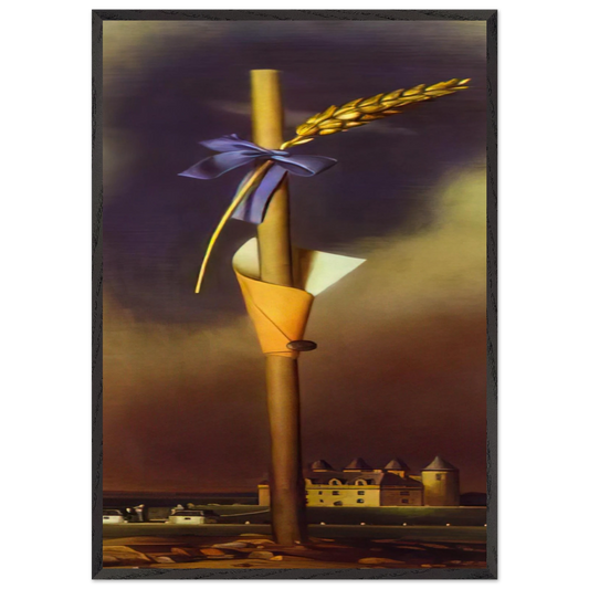 BLUE KNOT AND EAR OF WHEAT NEXT TO THE CASTLE - Salvador Dali 70x100 cm / 28x40 inches Framed Art Print – Black Wooden Frame