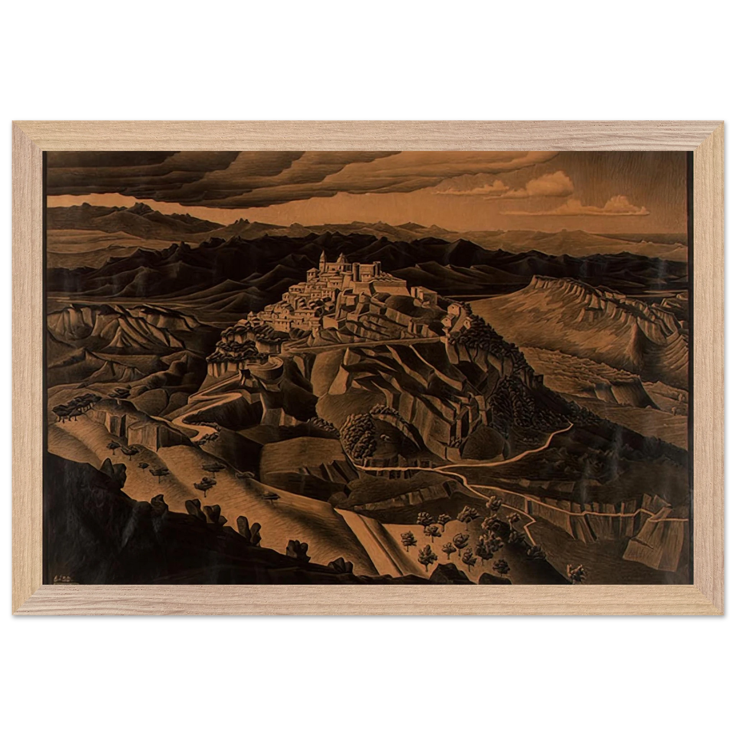 MC Escher - ITALIAN TOWN Wall Art - 30x40 cm / 12x16 inches - Premium Wooden Framed Poster With Fine Art Paper-canvas - Black frame