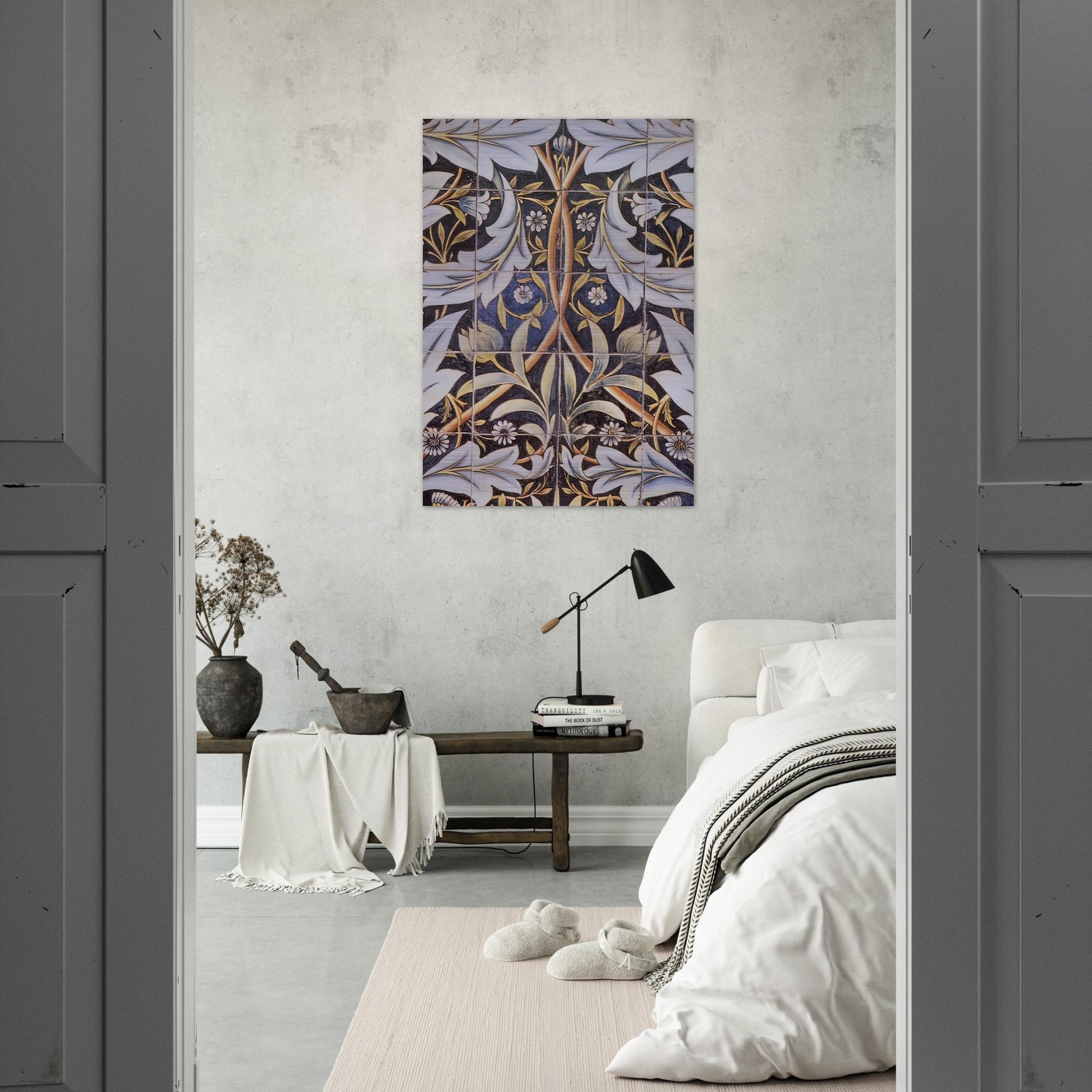 PANEL OF CERAMIC TILES DESIGNED BY MORRIS AND PRODUCED BY WILLIAM DE MORGAN 1876 - William Morris Brushed Aluminum Print - 70x100 cm / 28x40 inches | William Morris Aluminum Print | William Morris Prints