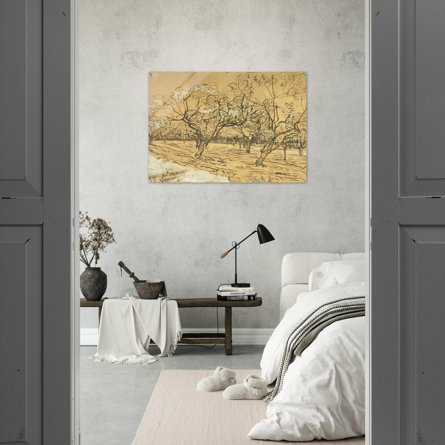 Orchard with Blossoming Plum Trees The White Orchard - Vincent van Gogh Acrylic Print - 70x100 cm / 28x40″ inches | Vincent van Gogh Wall Art | Vincent van Gogh Prints