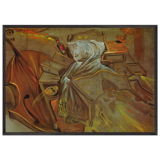 BED AND TWO BEDSIDE TABLES FEROCIOUSLY ATTACKING A CELLO - Salvador Dali 70x100 cm / 28x40 inches Framed Art Print – Black Wooden Frame