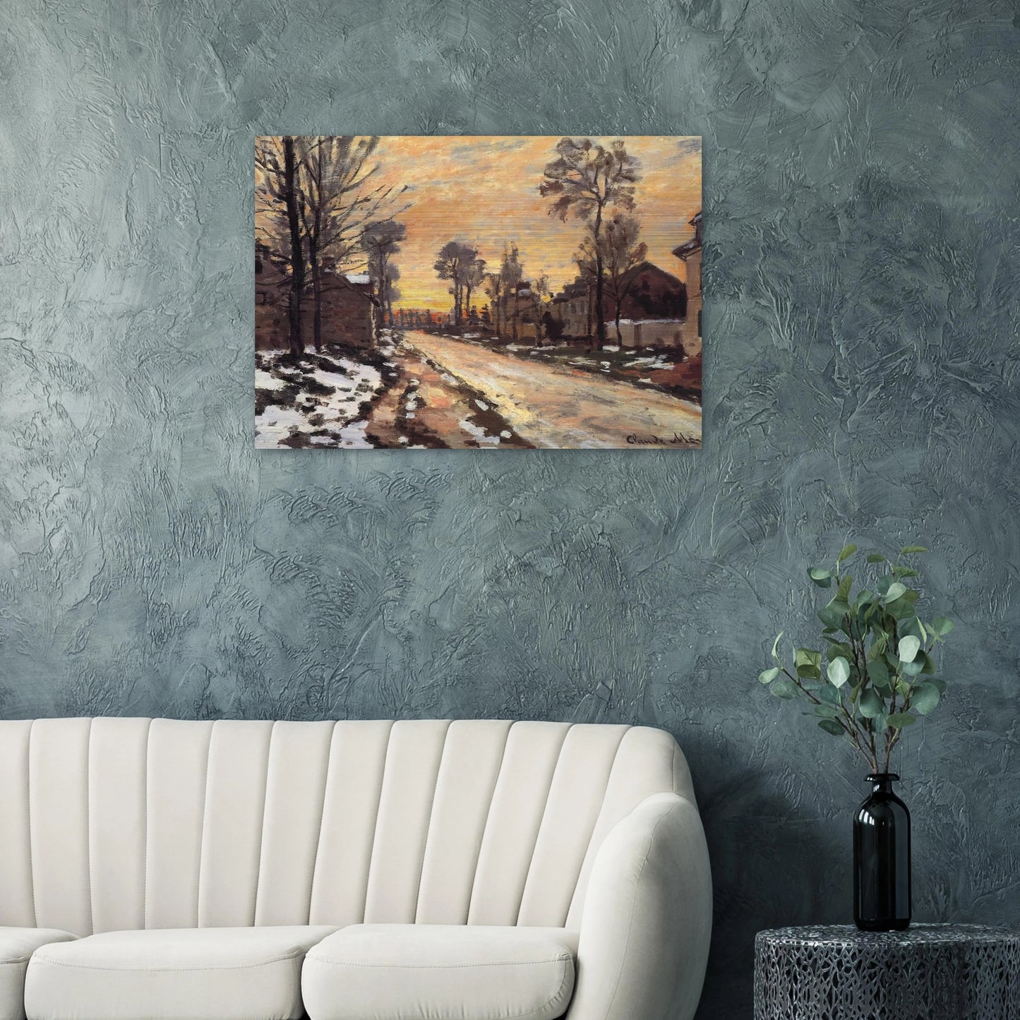 Road at Louveciennes, Melting Snow, Sunset - claude monet Brushed Aluminum Print - 70x100 cm / 28x40 inches | claude monet Aluminum Print | claude monet Prints