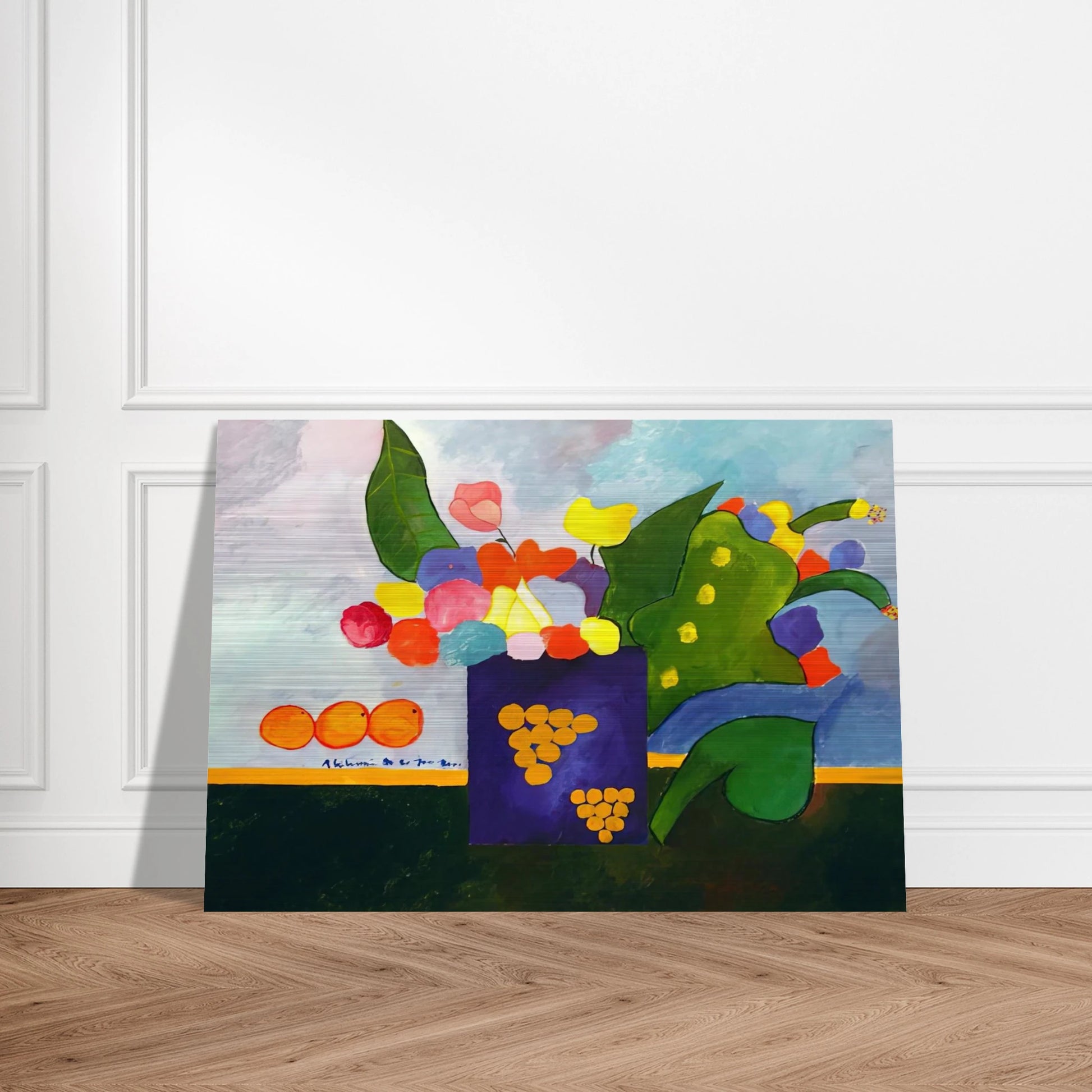 Vase With Flowers and Fruit - 2001 - Aldemir Martins Brushed Aluminum Print - 70x100 cm / 28x40 inches | Aldemir Martins Aluminum Print | Aldemir Martins Prints