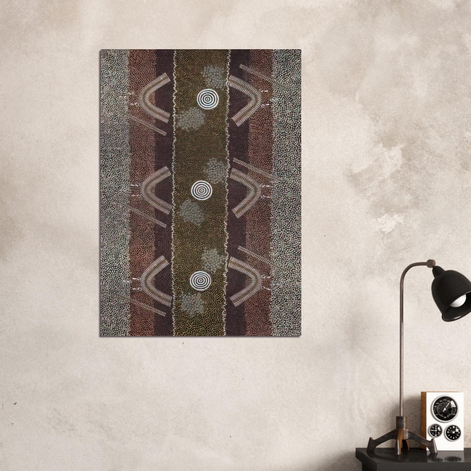 Ground and Body Designs Used in Ceremonies at Arranki on Mt Allan Station - 1982 - Clifford Possum Tjapaltjarri Brushed Aluminum Print - 70x100 cm / 28x40 inches | Clifford Possum Tjapaltjarri Aluminum Print | Clifford Possum Tjapaltjarri Prints