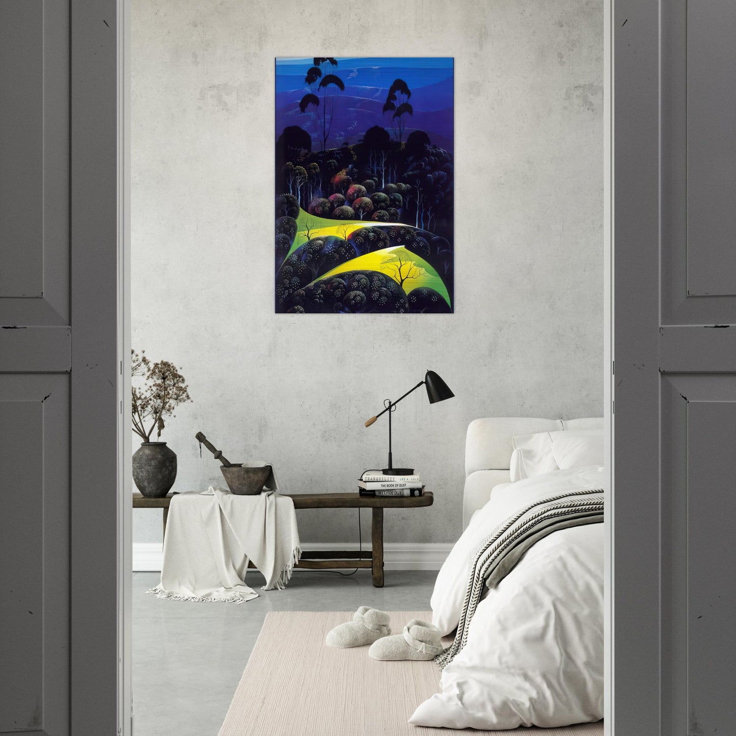 Inland from the Sea - Eyvind Earle Brushed Aluminum Print - 70x100 cm / 28x40 inches | Eyvind Earle Aluminum Print | Eyvind Earle Prints
