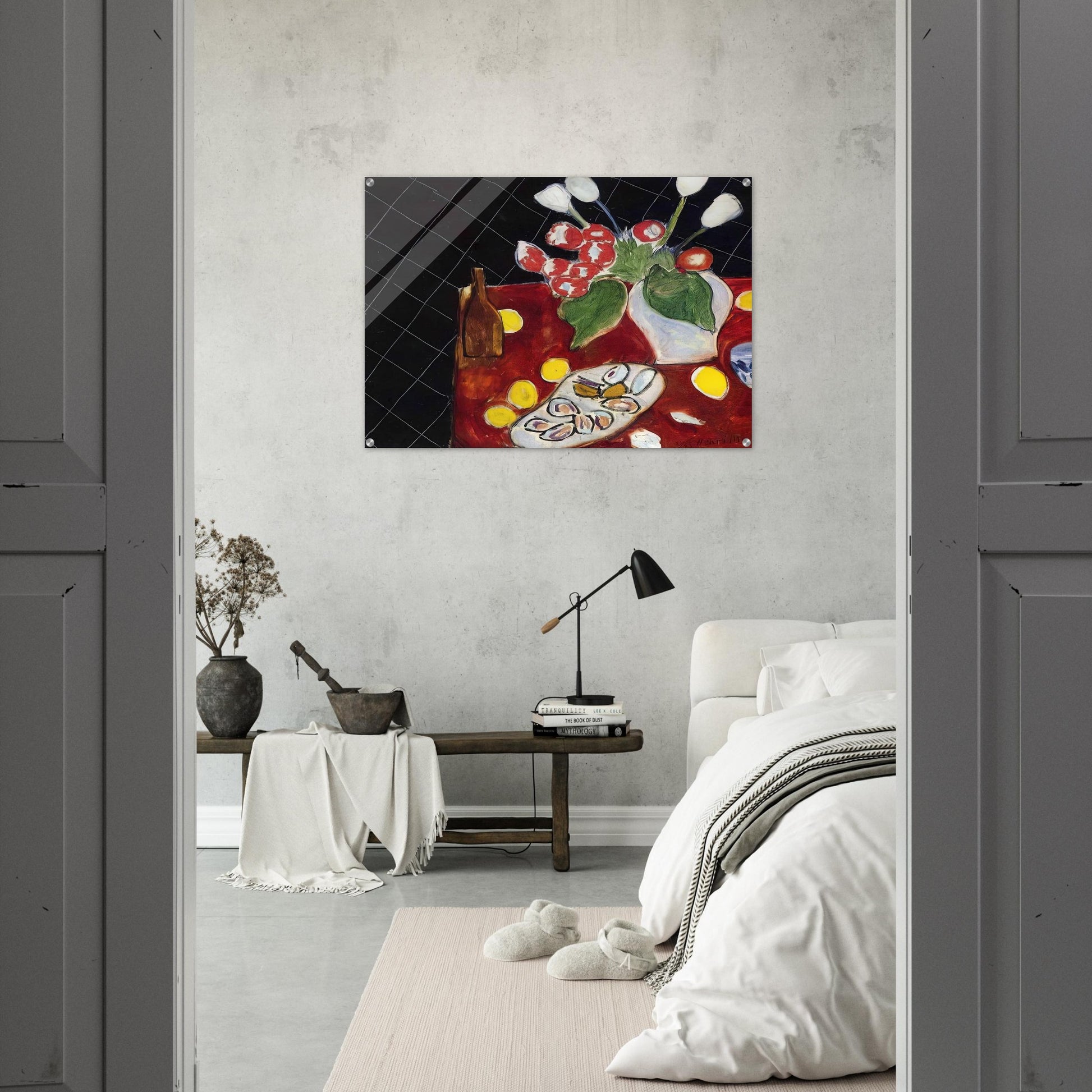 TULIPS AND OYSTERS ON A BLACK BACKGROUND 1943 - Henri Matisse Acrylic Print - 70x100 cm / 28x40″ inches | Henri Matisse Wall Art | Henri Matisse Prints