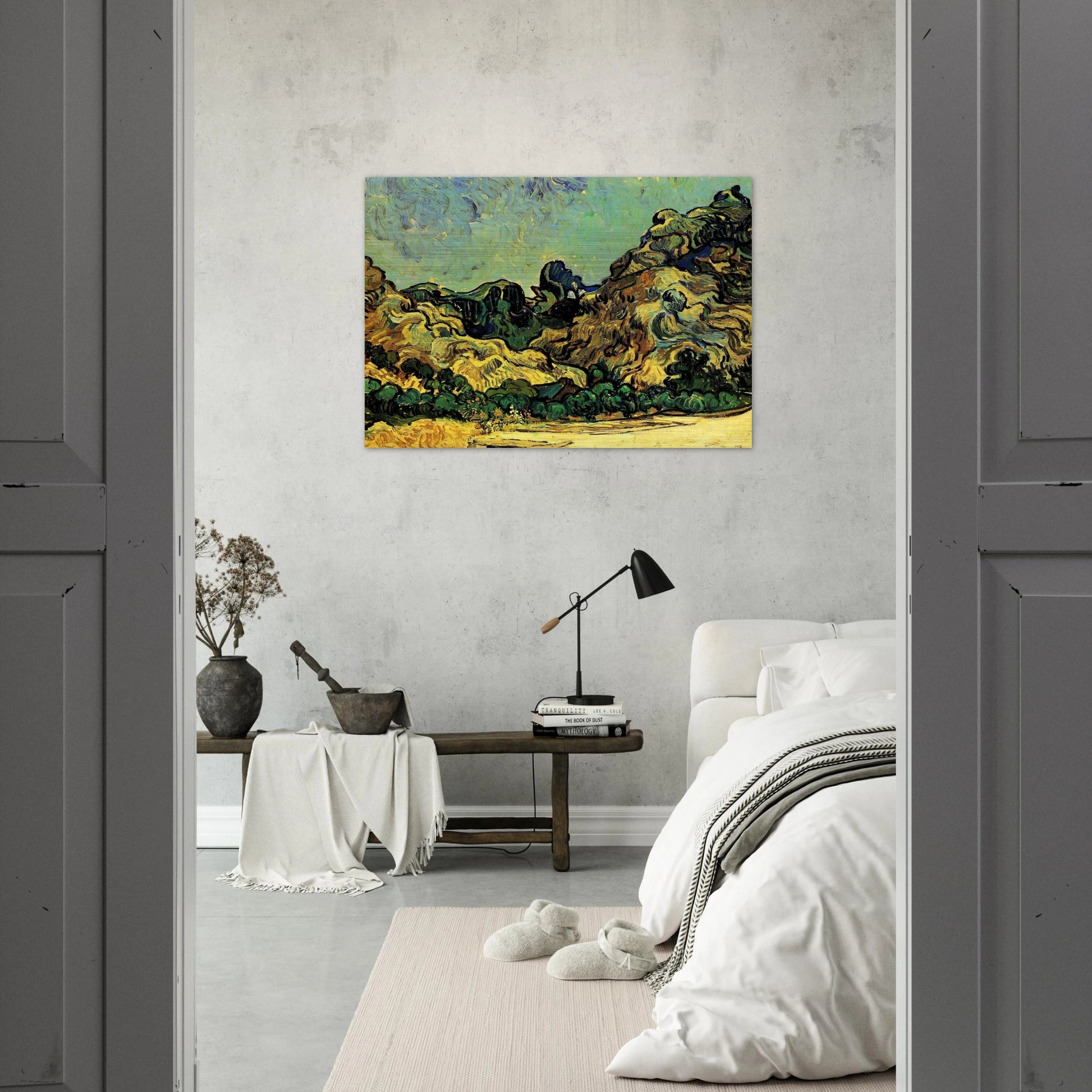 Mountains at Saint-Remy with Dark Cottage - Vincent van Gogh Brushed Aluminum Print - 70x100 cm / 28x40 inches | Vincent van Gogh Aluminum Print | Vincent van Gogh Prints