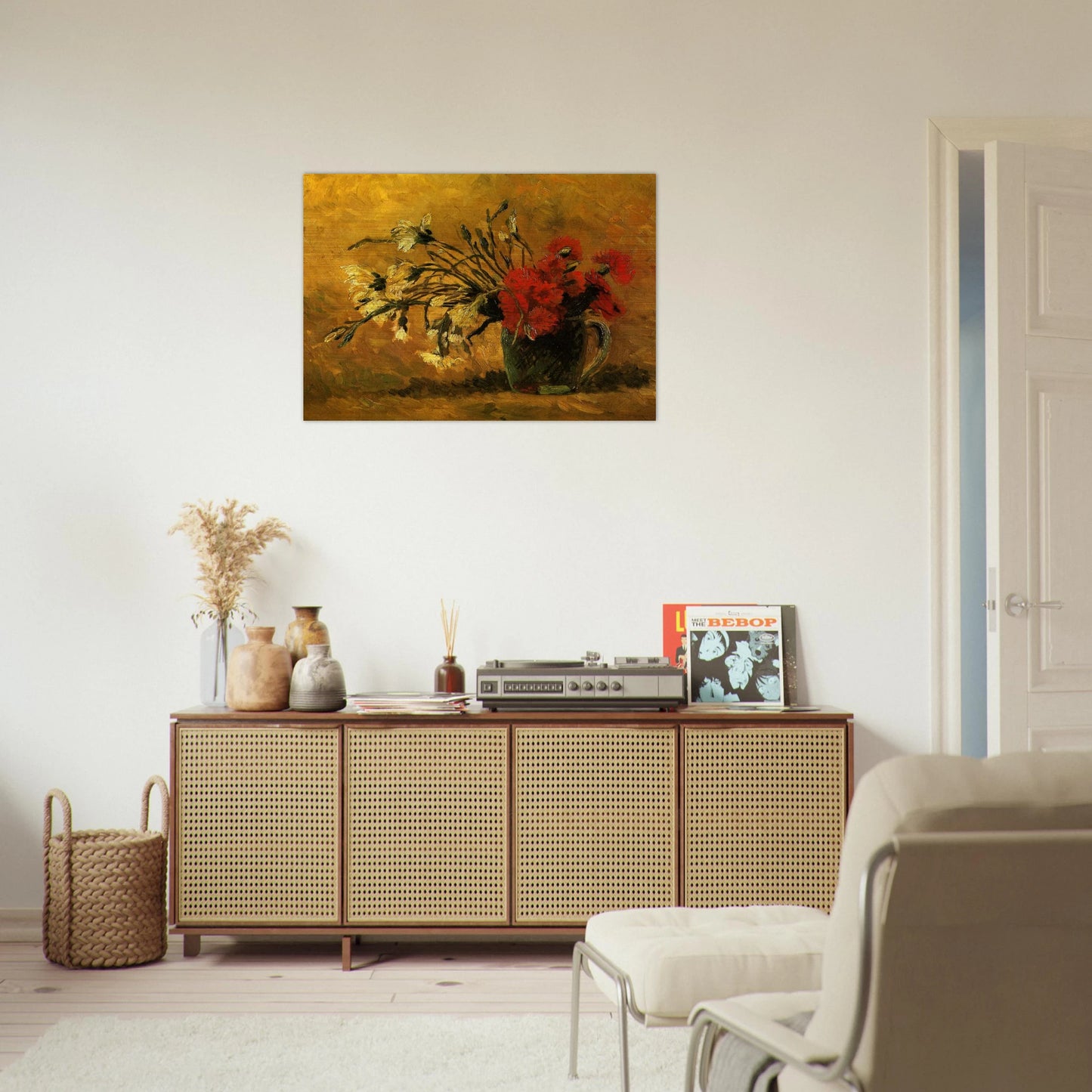 Vase with Red and White Carnations on a Yellow Background - Vincent van Gogh Brushed Aluminum Print - 70x100 cm / 28x40 inches | Vincent van Gogh Aluminum Print | Vincent van Gogh Prints
